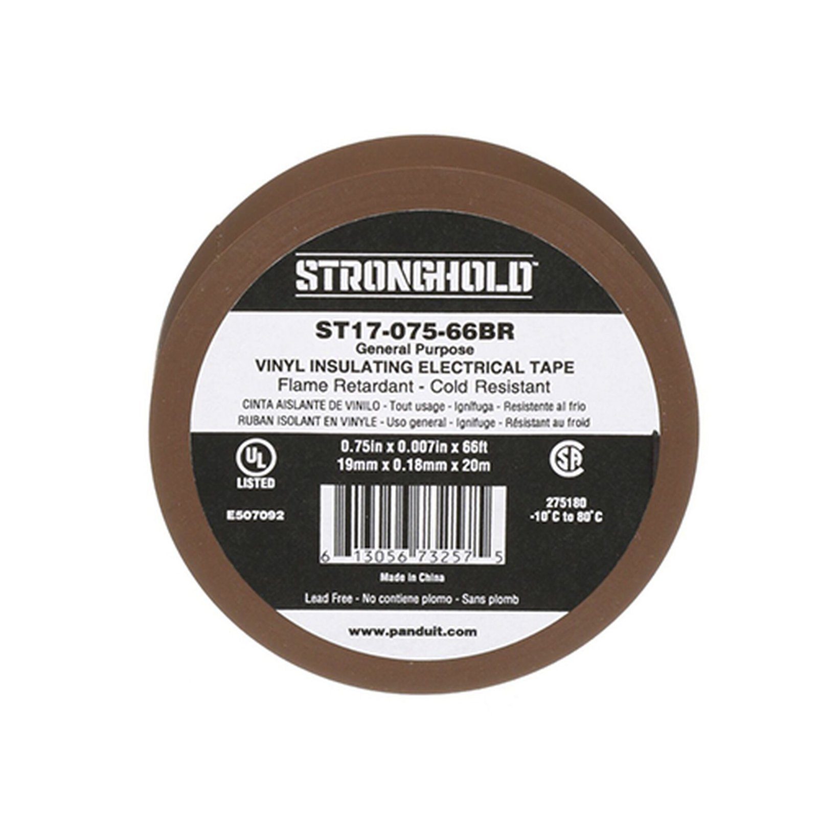 Cinta Eléctrica STRONGHOLD para Aislar, de PVC, Uso General Reparación y Mantenimiento, Grosor de 0.18mm (7 mil), Ancho de 19mm, y 20.12m de Largo, Color Café ST17-075-66BR - PANDUIT