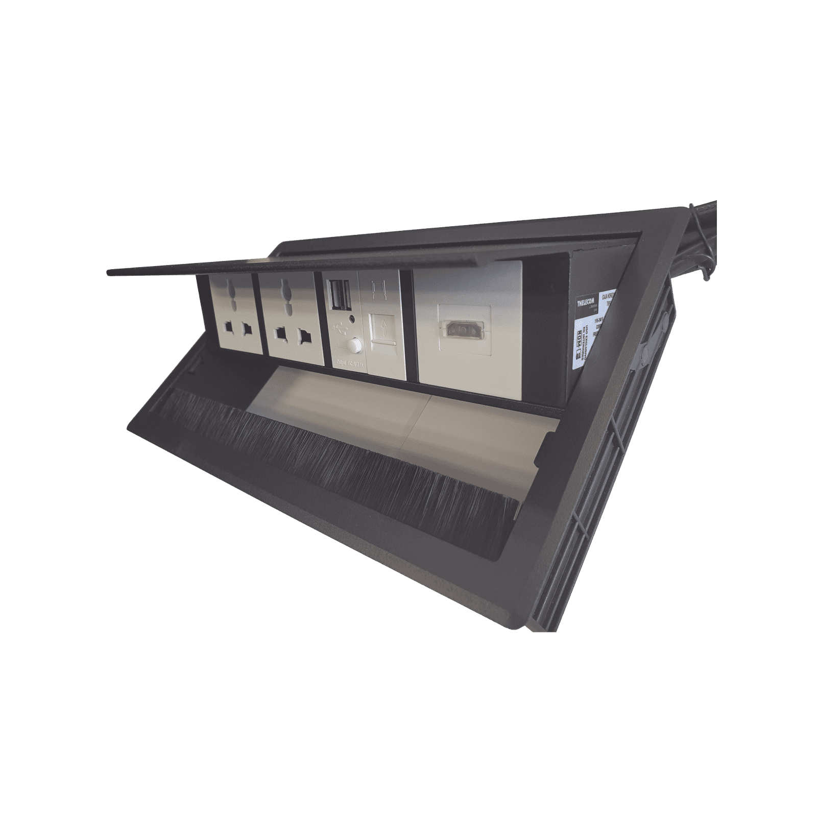 Caja Horizontal tipo Hub para escritorio color negro, con 1 Puerto HDMI Hembra-Hembra, 1 puerto RJ45 Cat6, 2 Puertos USB (Solo carga), y 2 Contactos eléctricos universales THMC-HBOX - THORSMAN