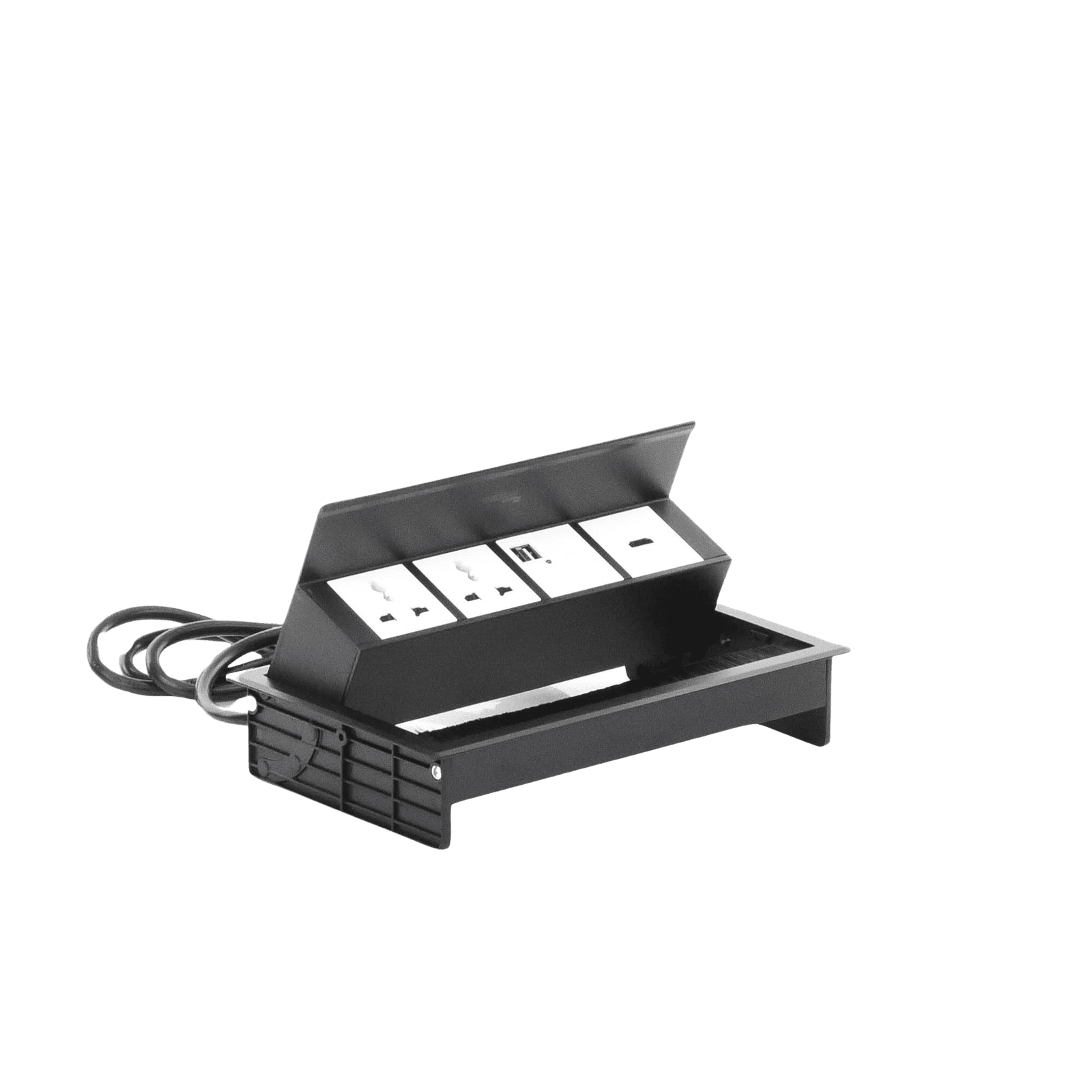 Caja Horizontal tipo Hub para escritorio color negro, con 1 Puerto HDMI Hembra-Hembra, 1 puerto RJ45 Cat6, 2 Puertos USB (Solo carga), y 2 Contactos eléctricos universales THMC-HBOX - THORSMAN