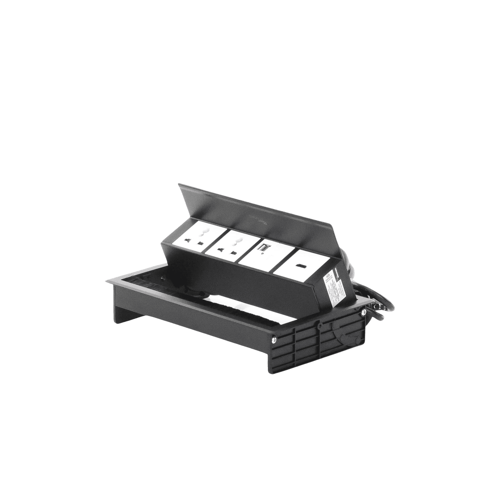 Caja Horizontal tipo Hub para escritorio color negro, con 1 Puerto HDMI Hembra-Hembra, 1 puerto RJ45 Cat6, 2 Puertos USB (Solo carga), y 2 Contactos eléctricos universales THMC-HBOX - THORSMAN