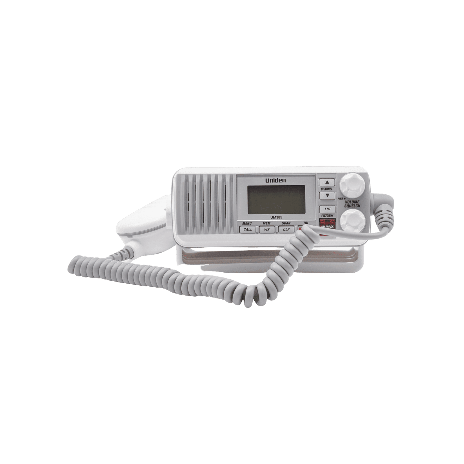 Radio Móvil Marino VHF, color blanco, Tx: 156.025 – 157.425 MHz, Rx: 156.050 – 163.275 MHz, 25W de potencia, sumergible IPX4 incluye micrófono y cable de alimentación UM-385 171616 - UNIDEN