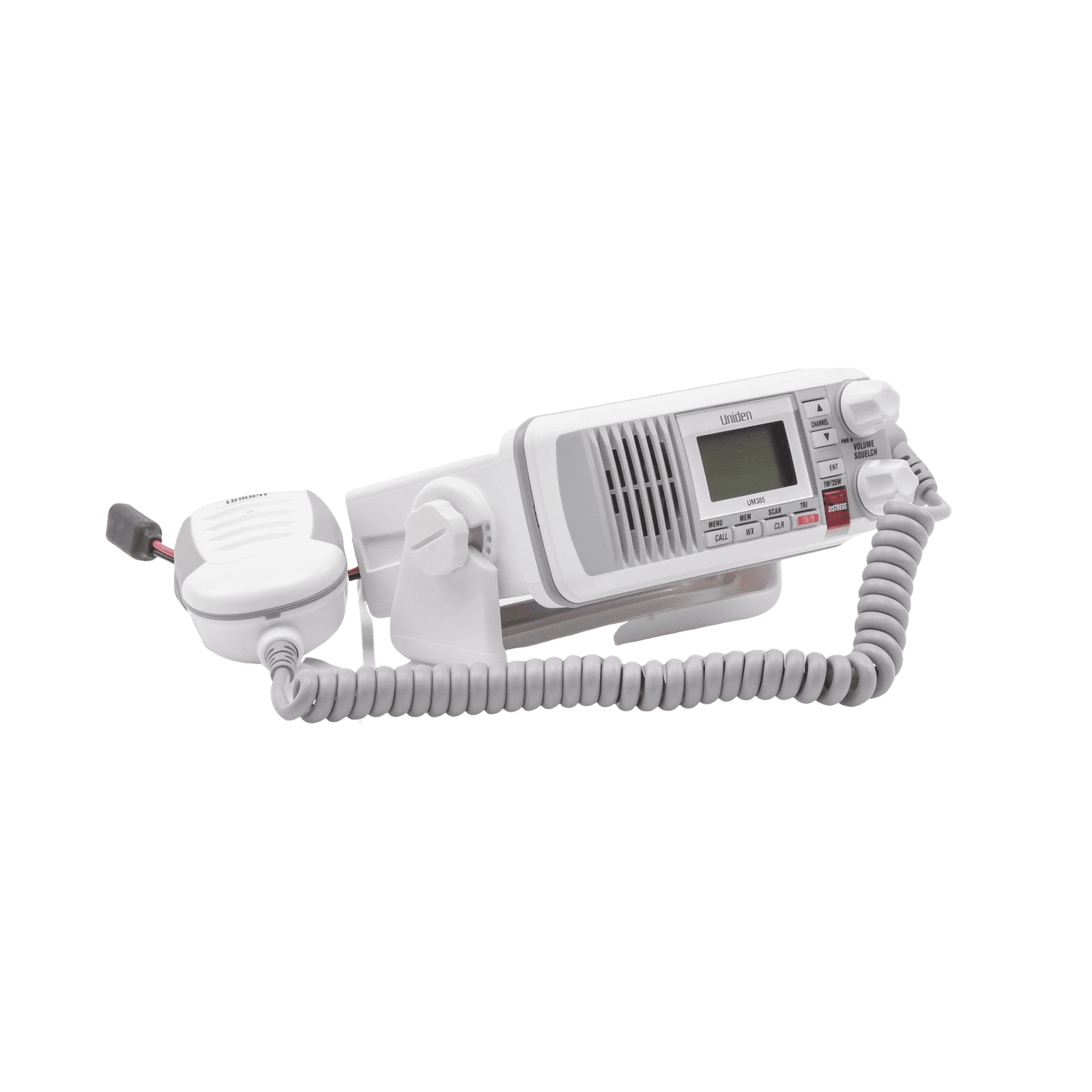 Radio Móvil Marino VHF, color blanco, Tx: 156.025 – 157.425 MHz, Rx: 156.050 – 163.275 MHz, 25W de potencia, sumergible IPX4 incluye micrófono y cable de alimentación UM-385 171616 - UNIDEN