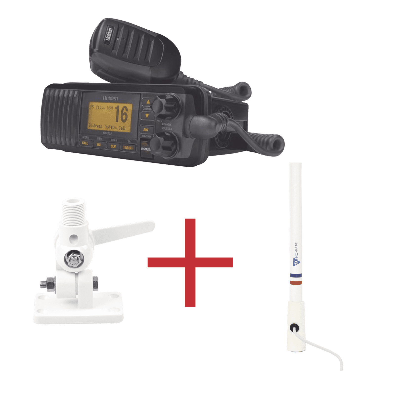 Kit de radio UM385BK | mas antena marina de fibra de vidrio TX-5206-SYS y soporte para antena 4186 UM-385BK/KIT5206 221413 - UNIDEN