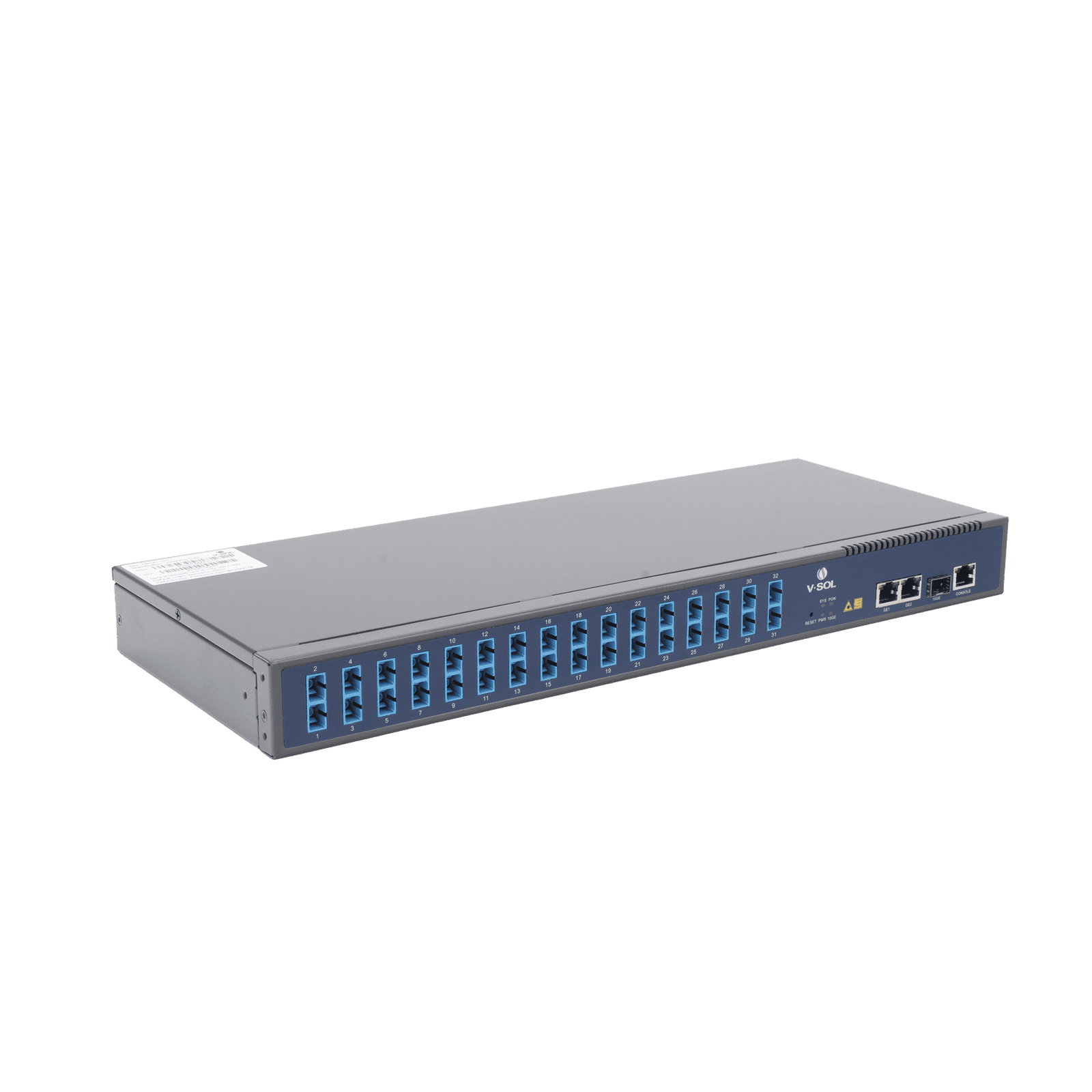 OLT de 1 GPON puerto con Splitter de 1 a 32 SC/UPC Incluido  + 3 puertos Uplink (2 puertos Gigabit Ethernet + 1 puerto SFP/SFP+) , hasta 128 ONUS V1600GS-O32 - V-SOL