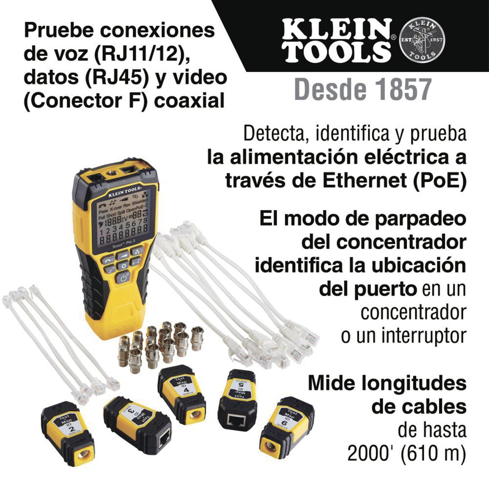 Probador Scout™ Pro 3 con kit de transmisores remotos Test-n-Map™ (Inspección PoE) VDV501-853 - KLEIN TOOLS