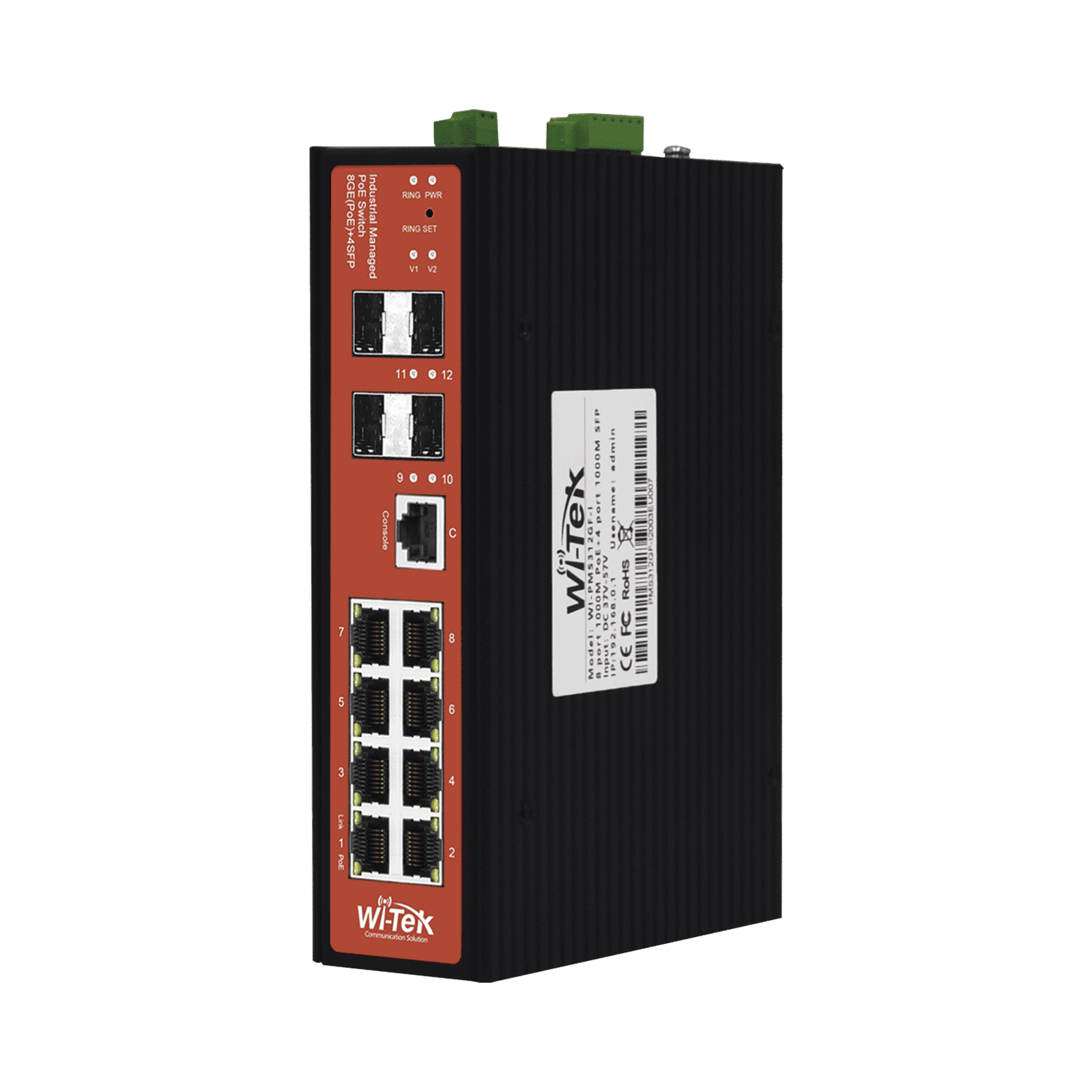 Switch Industrial 8 puertos / Administrable PoE / Puerto 1-2 PoE 24V/48V /  Puertos 3-8 puertos 802.3 af/at/bt / Presupuesto máx 240 W WI-PMS312GF-I 193540 - WI-TEK