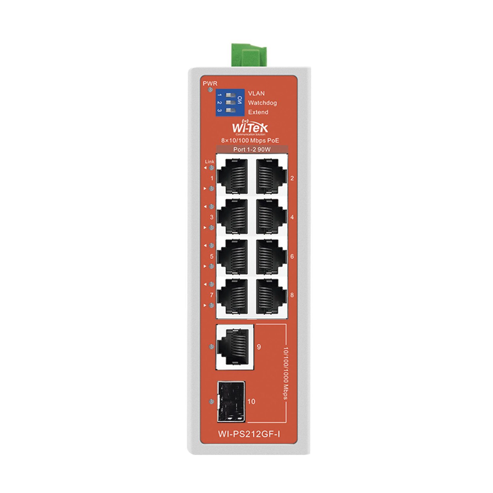 Switch Semi-Industrial / No administrable / 8 puertos 10/100 PoE af/at/bt / 1 puerto Gigabit RJ45 Uplink / 1 puerto SFP Uplink / Presupuesto PoE 110 Watts / WI-PS212GF-I-V2 218595 - WI-TEK