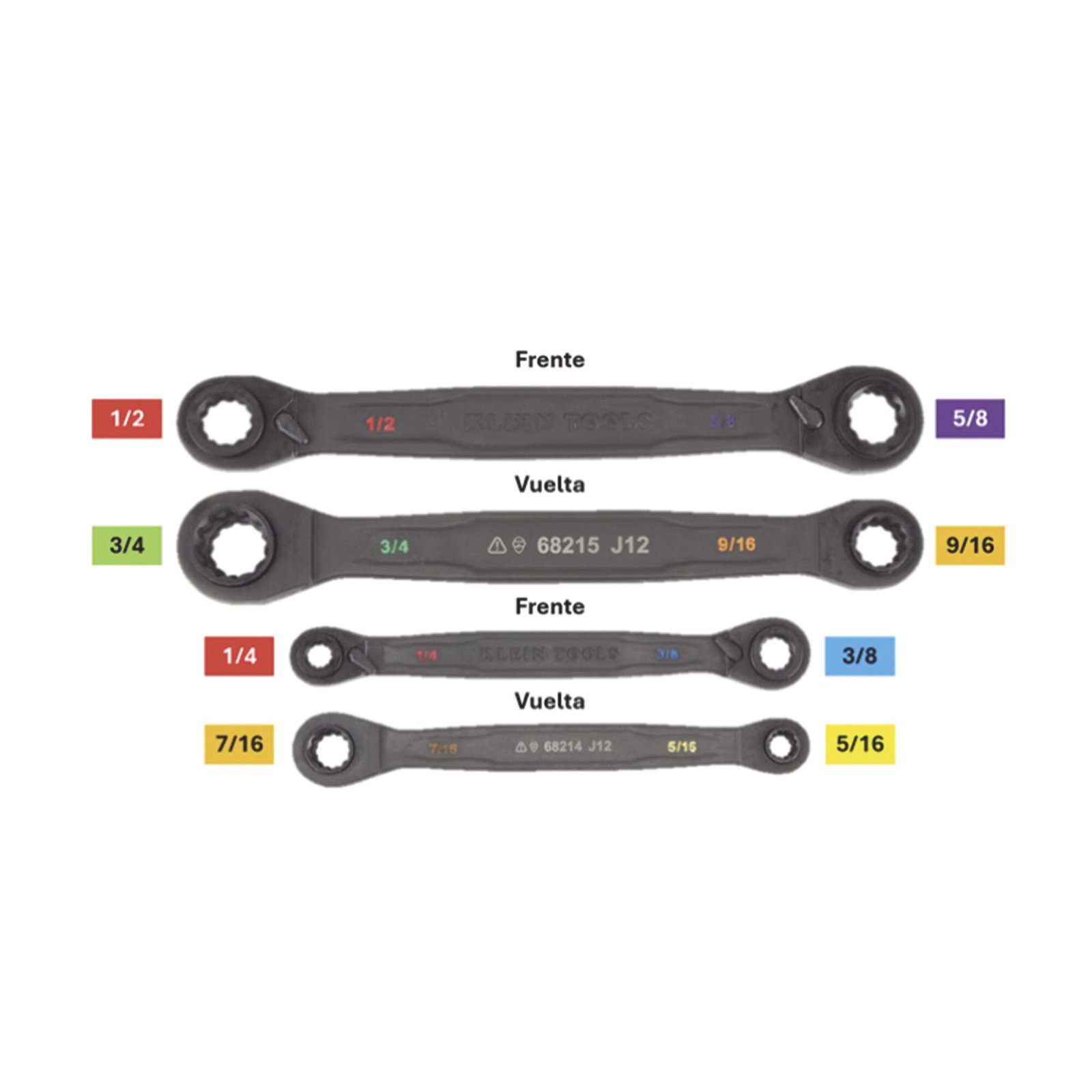 Juego de 2 llaves Estriadas de Matraca 4 en 1 con 8 Medidas Inglesas 1/2-5/8″, 3/4-9/16″, 1/4-3/8″, 7/16-5/16″ 68216 - KLEIN TOOLS