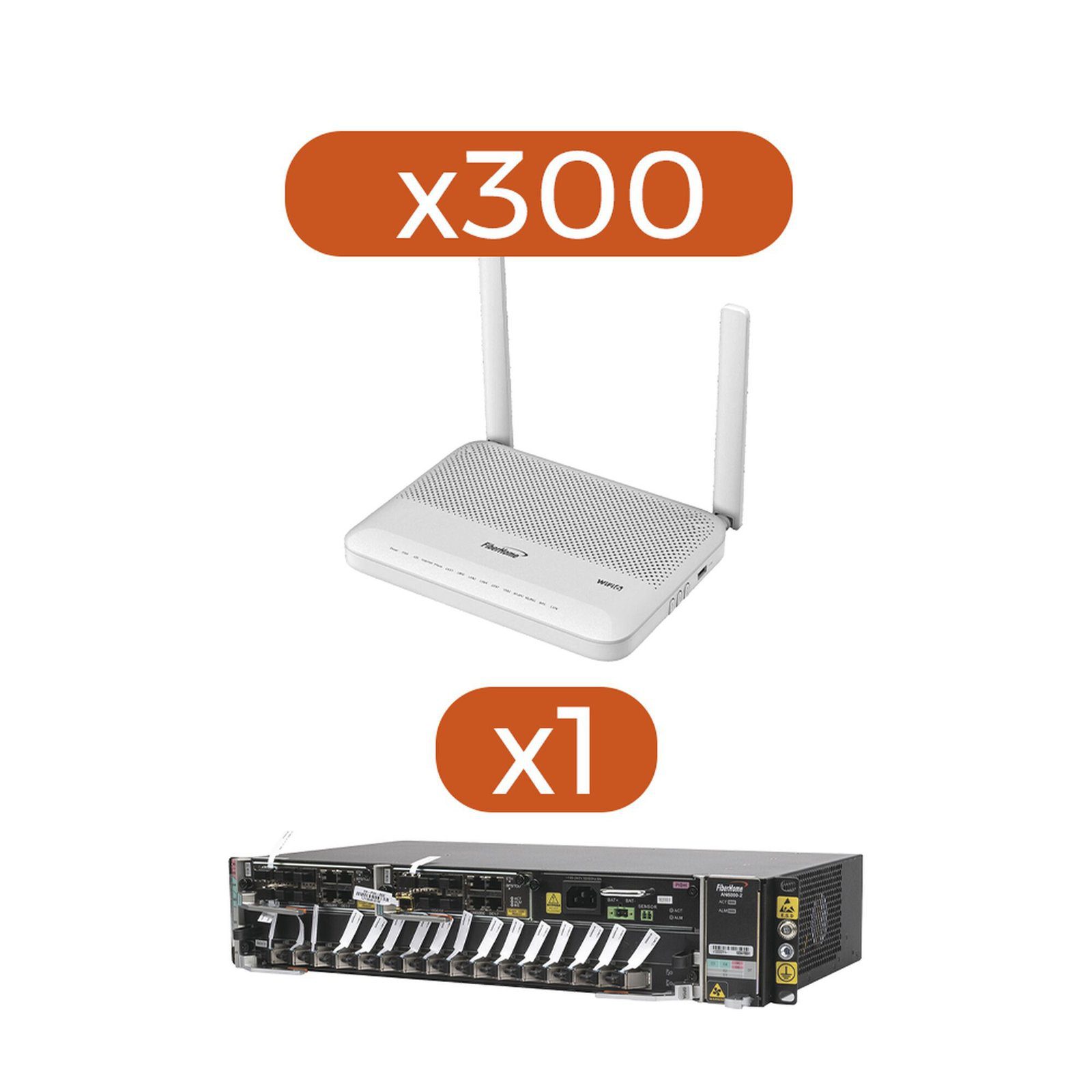 KIT 300 ONU GPON WiFi 6, Doble Banda 2.4/5 GHz , con 4 puertos Gigabit Ethernet + 2 POTS + 1 USB + 1 CATV (RF) + 1 OLT AN60002-AC AN0244F-KIT - FIBERHOME