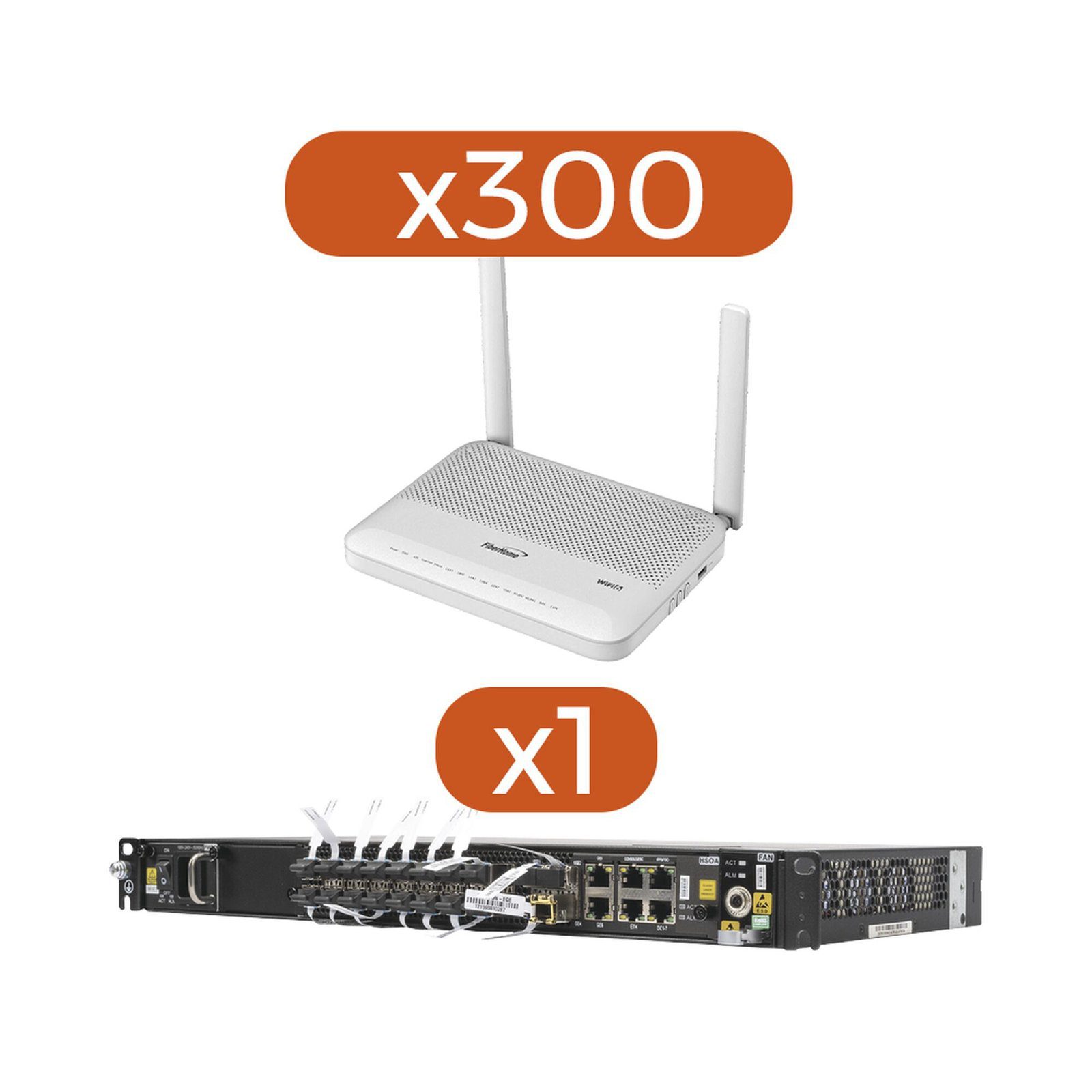 KIT 300 ONU GPON WiFi 6, Doble Banda 2.4/5 GHz , con 4 puertos Gigabit Ethernet + 2 POTS + 1 USB + 1 CATV (RF) + 1 OLT AN6001G16AC AN1644F-KIT - FIBERHOME