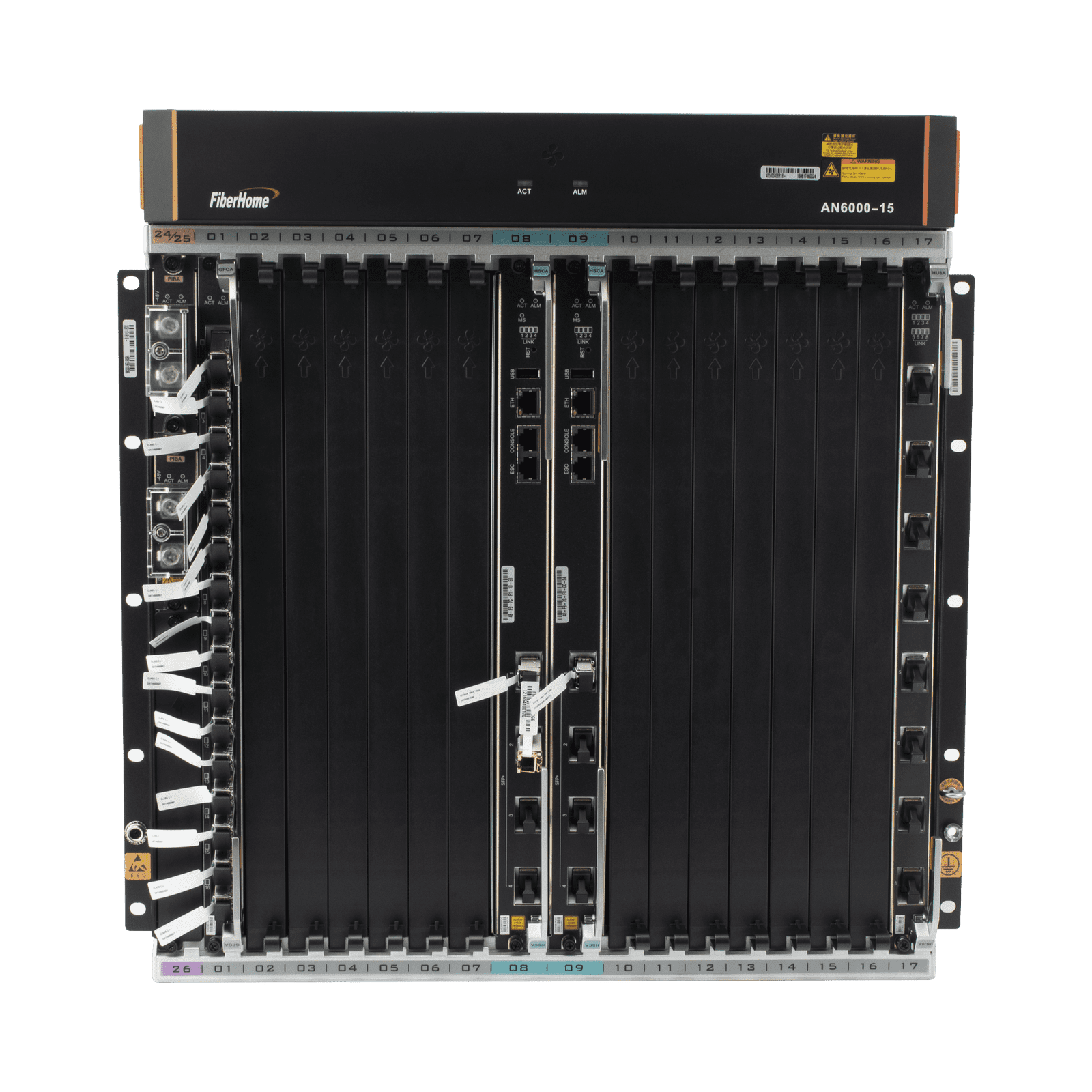 OLT Carrier Class Modular GPON, 14 Ranuras de Servicio, Doble fuente -48Vcc, 11 UR, Gestión por UNM2000, CLI AN6000-15 - FIBERHOME
