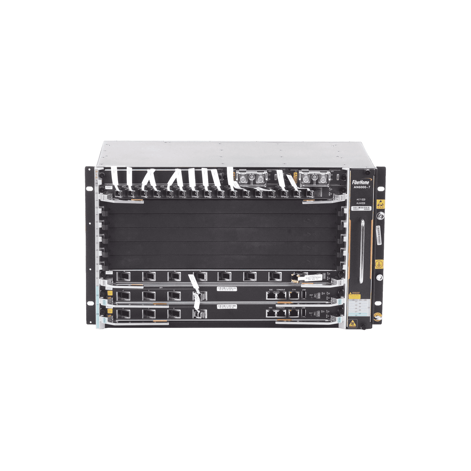 OLT Carrier Class Modular GPON, 6 Ranuras de Servicio, Incluye 1 Tarjeta de Servicio 16 puertos GPON, crecimiento hasta 96 puertos GPON, 6 UR, Gestión por UNM2000, CLI AN6000-7 - FIBERHOME