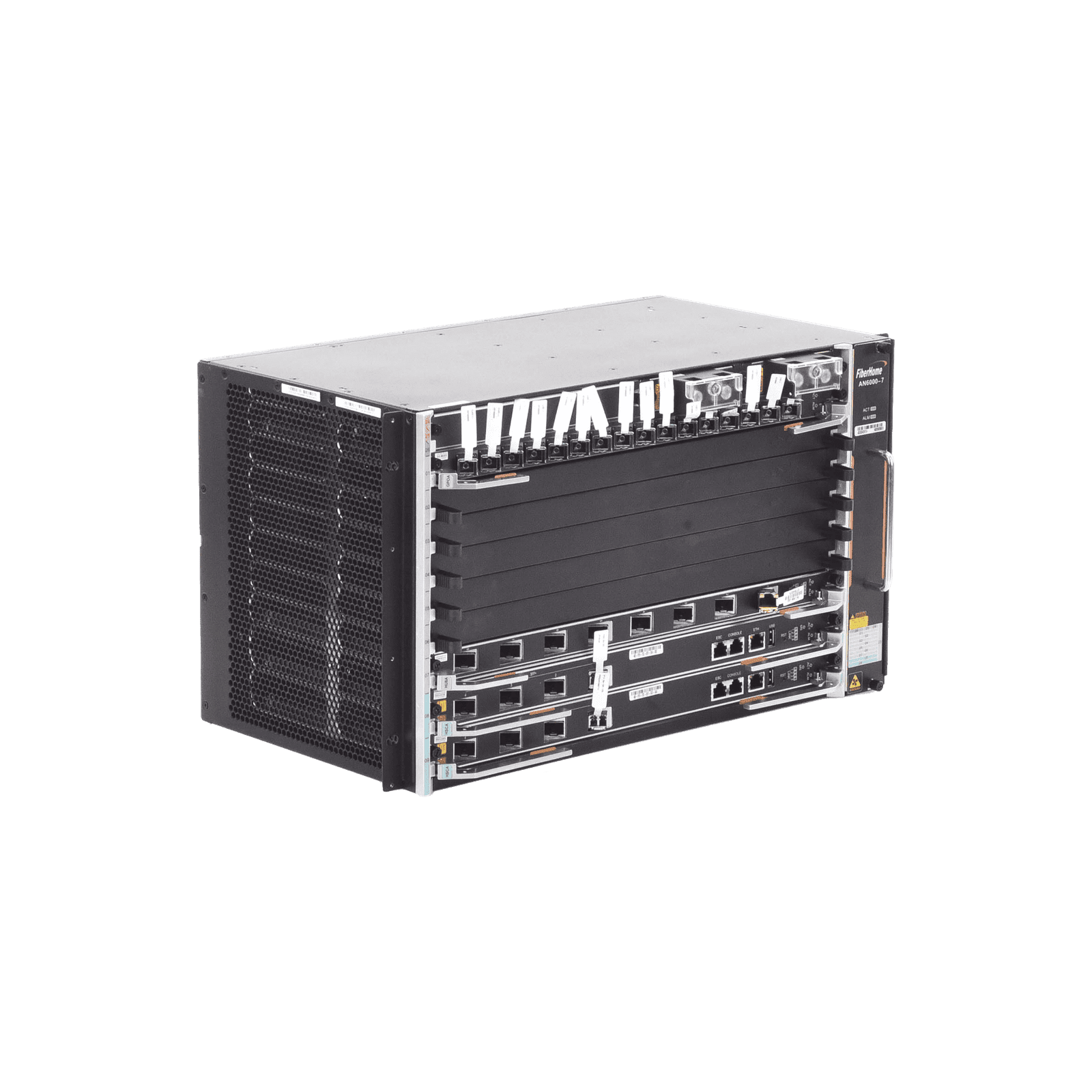 OLT Carrier Class Modular GPON, 6 Ranuras de Servicio, Incluye 1 Tarjeta de Servicio 16 puertos GPON, crecimiento hasta 96 puertos GPON, 6 UR, Gestión por UNM2000, CLI AN6000-7 - FIBERHOME