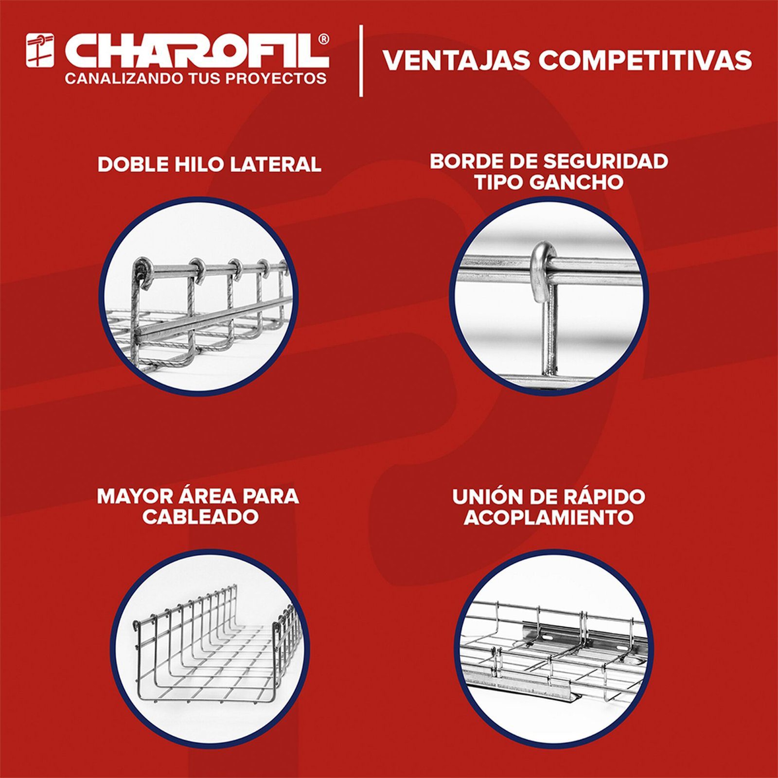Charola tipo Malla 54/300 mm BIMETÁLICA para Instalación en Exterior o Interior, Extrema Resistencia y Durabilidad. Hasta 258 cables Cat6 (Tramo de 3 metros) CH-54-300BM - CHAROFIL