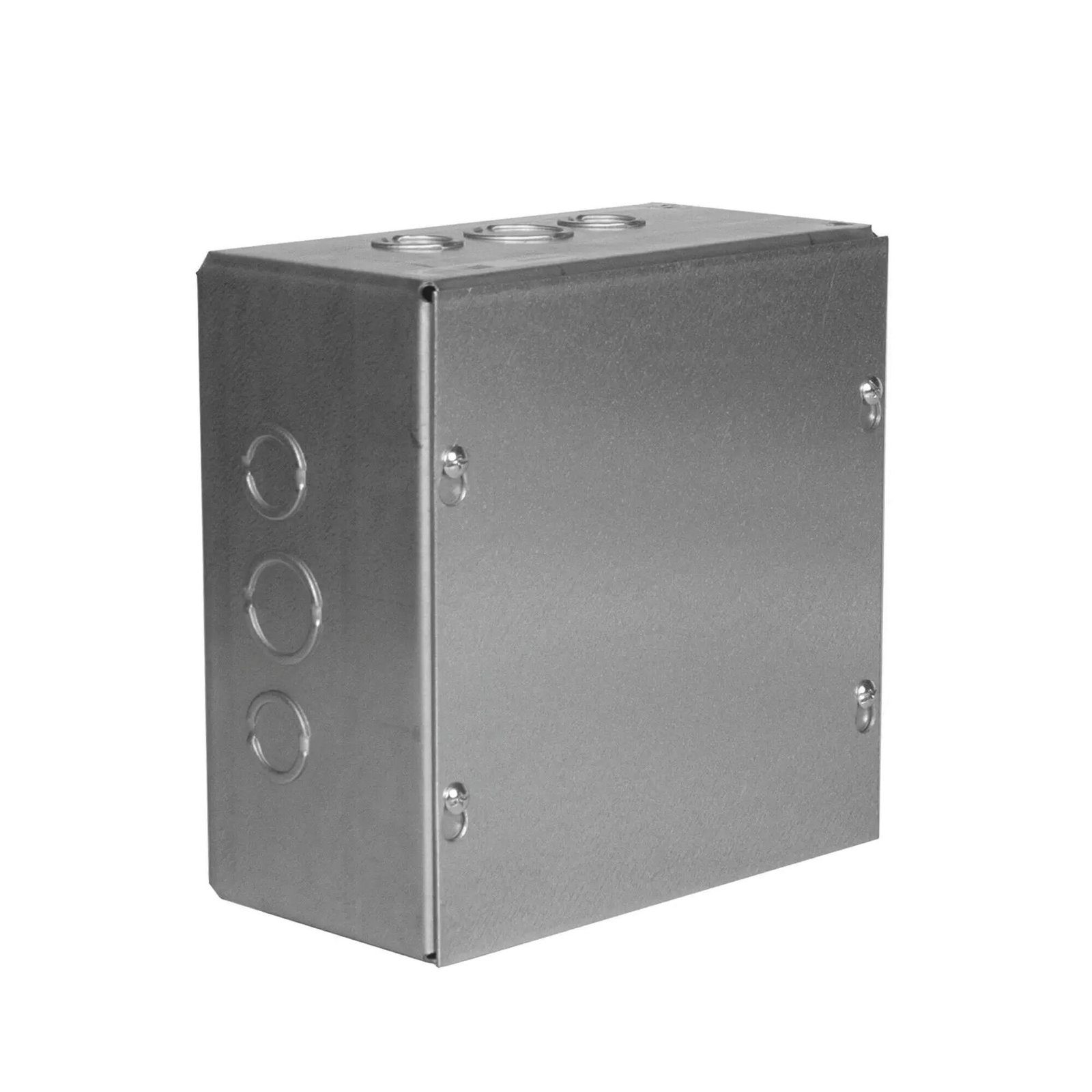 Caja Extra Grande 12″x12″x 4″/ Profundidad 4″/Entradas Laterales – Finales 2 Entradas de 1/2″- 3/4″, 2 Entradas de  3/4″ – 1″ y 2 Entradas de 1″- 1 1/4″ / Incluye tapa. HUB-SC-1212-04G - RACO