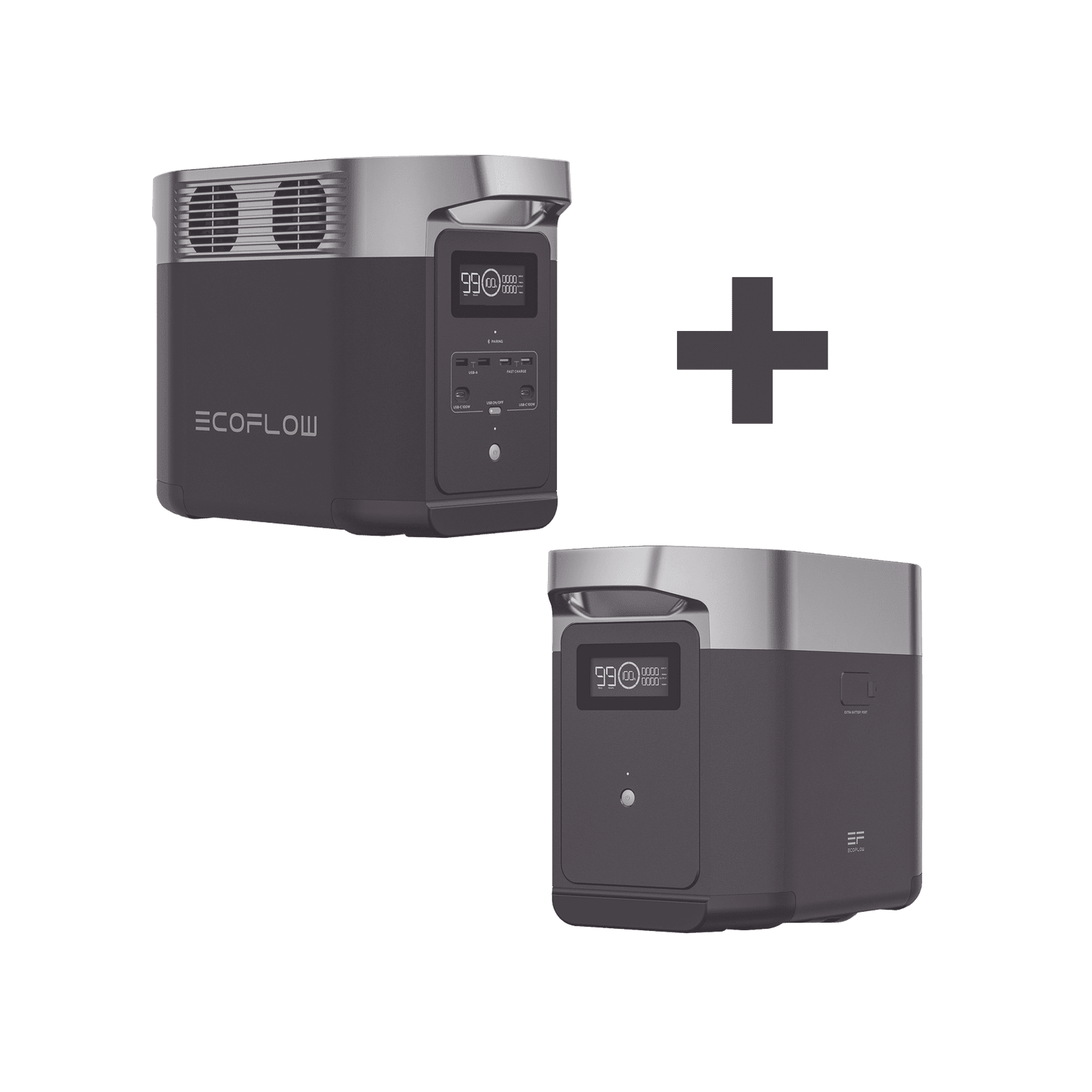 Estación de Energía Portátil Delta 2 1024Wh Litio LFP / 6 AC 1800 W (Max. 2200W) / 2 USB-C 100W / Capacidad para Aumentar Respaldo / Cargador de Coche 10A a 12.6V / Conectividad WiFi y Bluetooth (App) / Carga Solar 500W Max. DLT2-BP - ECOFLOW