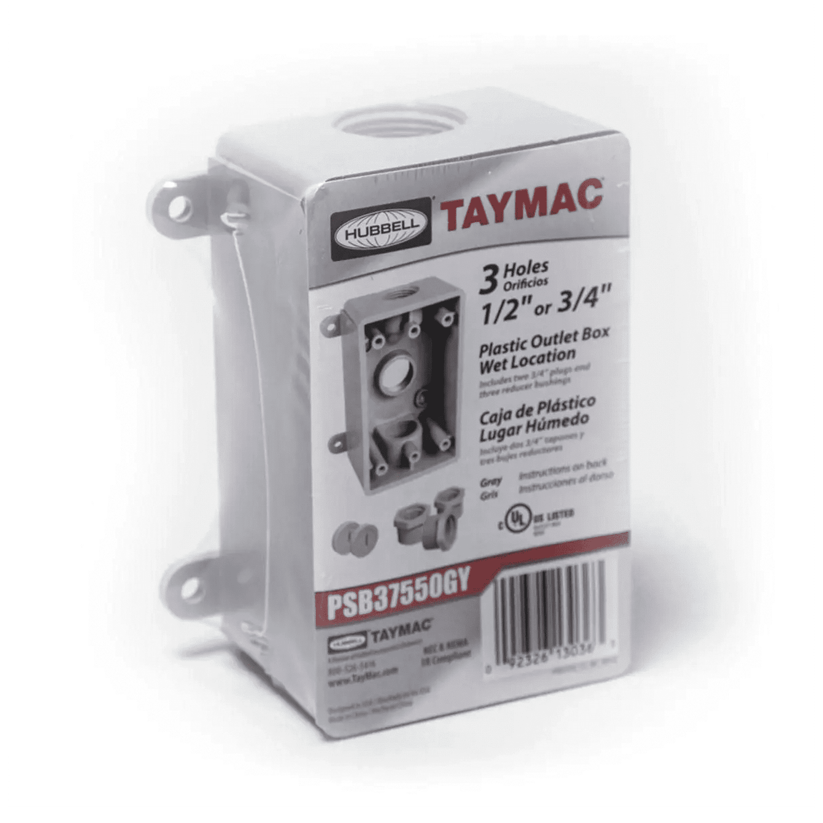 Caja Impermeable de 1 Gang / Profundidad de 2″/ Cuenta con 3 Salidas roscadas para tubería de 1/2″ ó 3/4″/ Color Gris. HUB-PSB-37550-GY - RACO