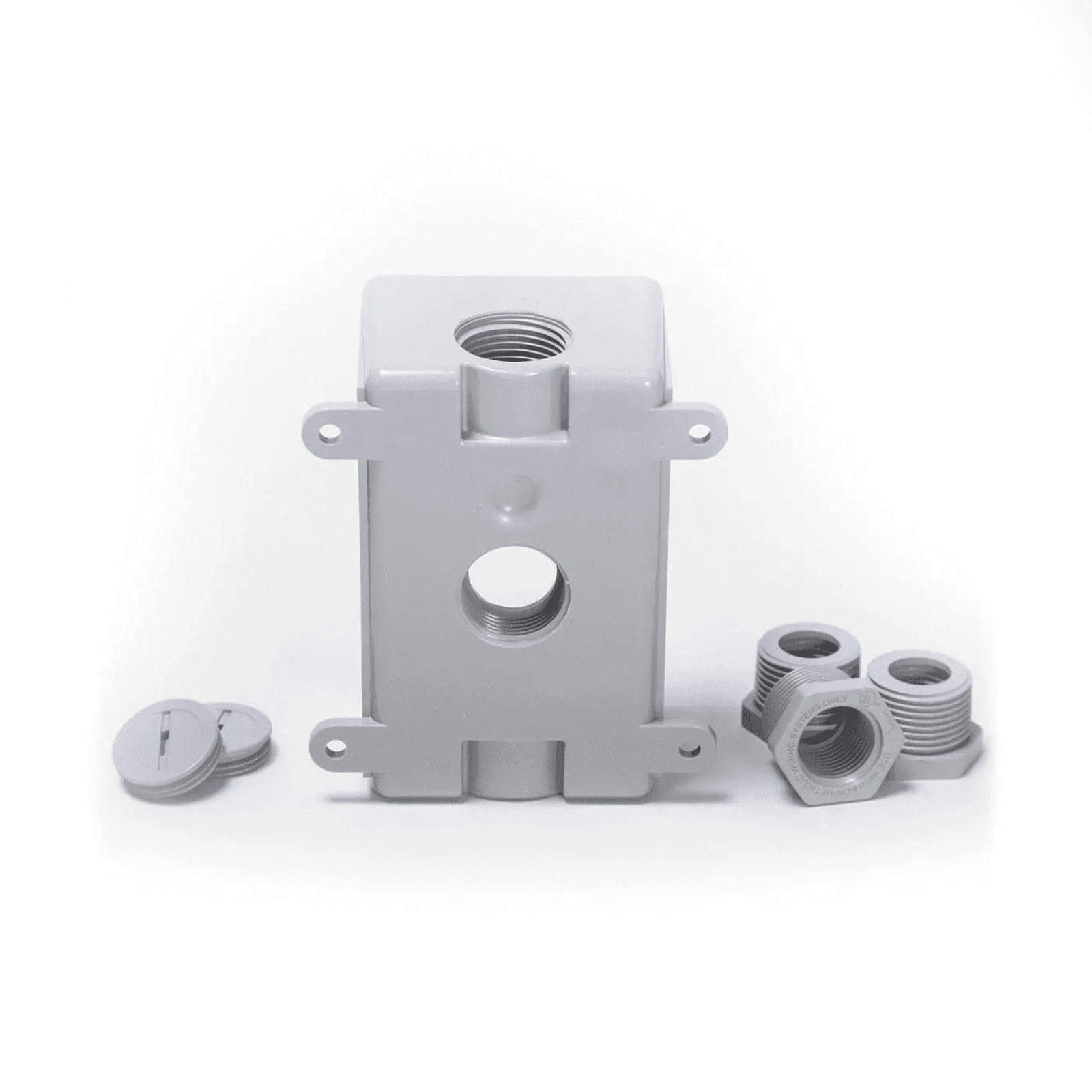 Caja Impermeable de 1 Gang / Profundidad de 2″/ Cuenta con 3 Salidas roscadas para tubería de 1/2″ ó 3/4″/ Color Gris. HUB-PSB-37550-GY - RACO