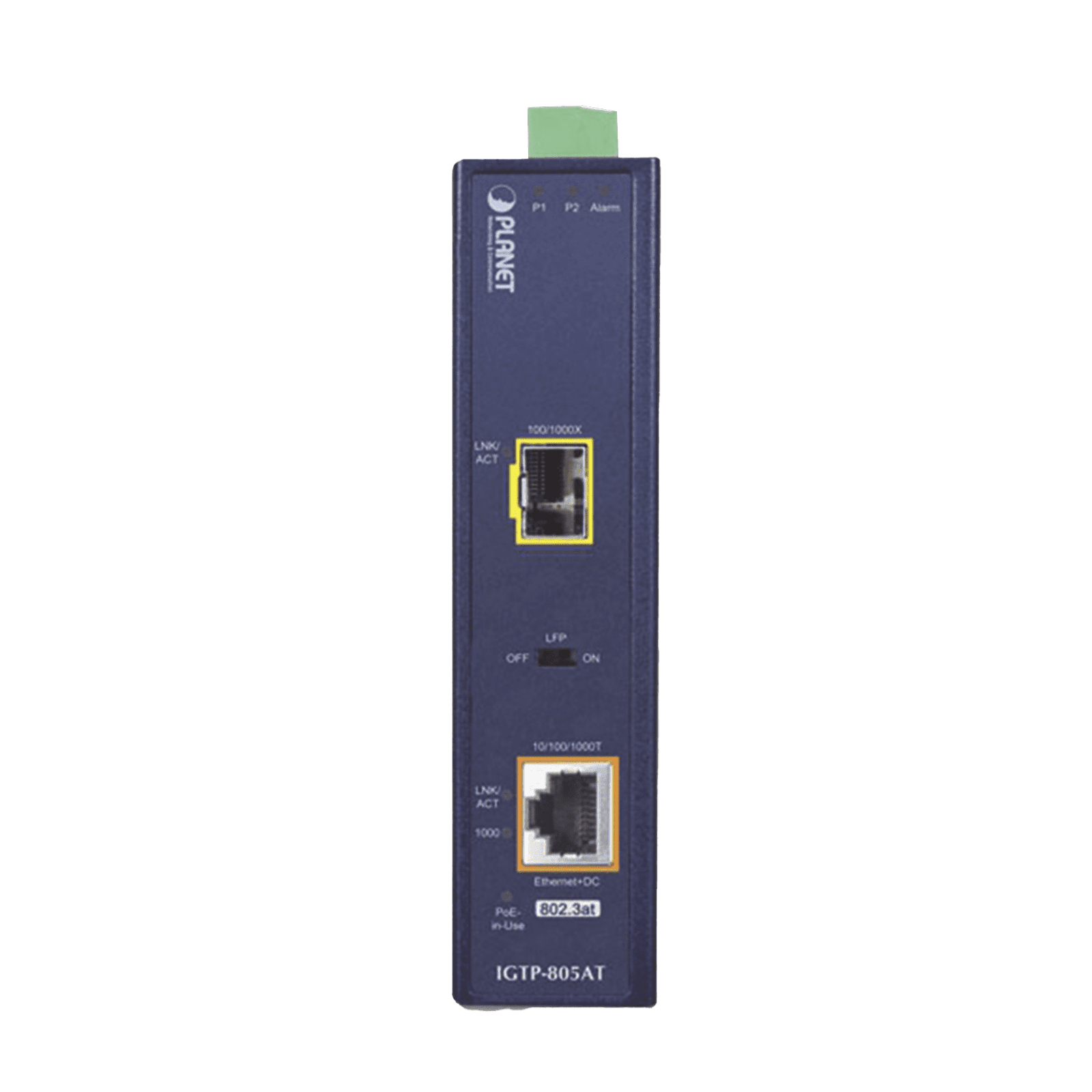 Convertidor de medios industrial PoE+ 1000BASE-SX/LX a 10/100/1000BASE-T 802.3at (mini-GBIC, SFP) IGTP-805AT - PLANET