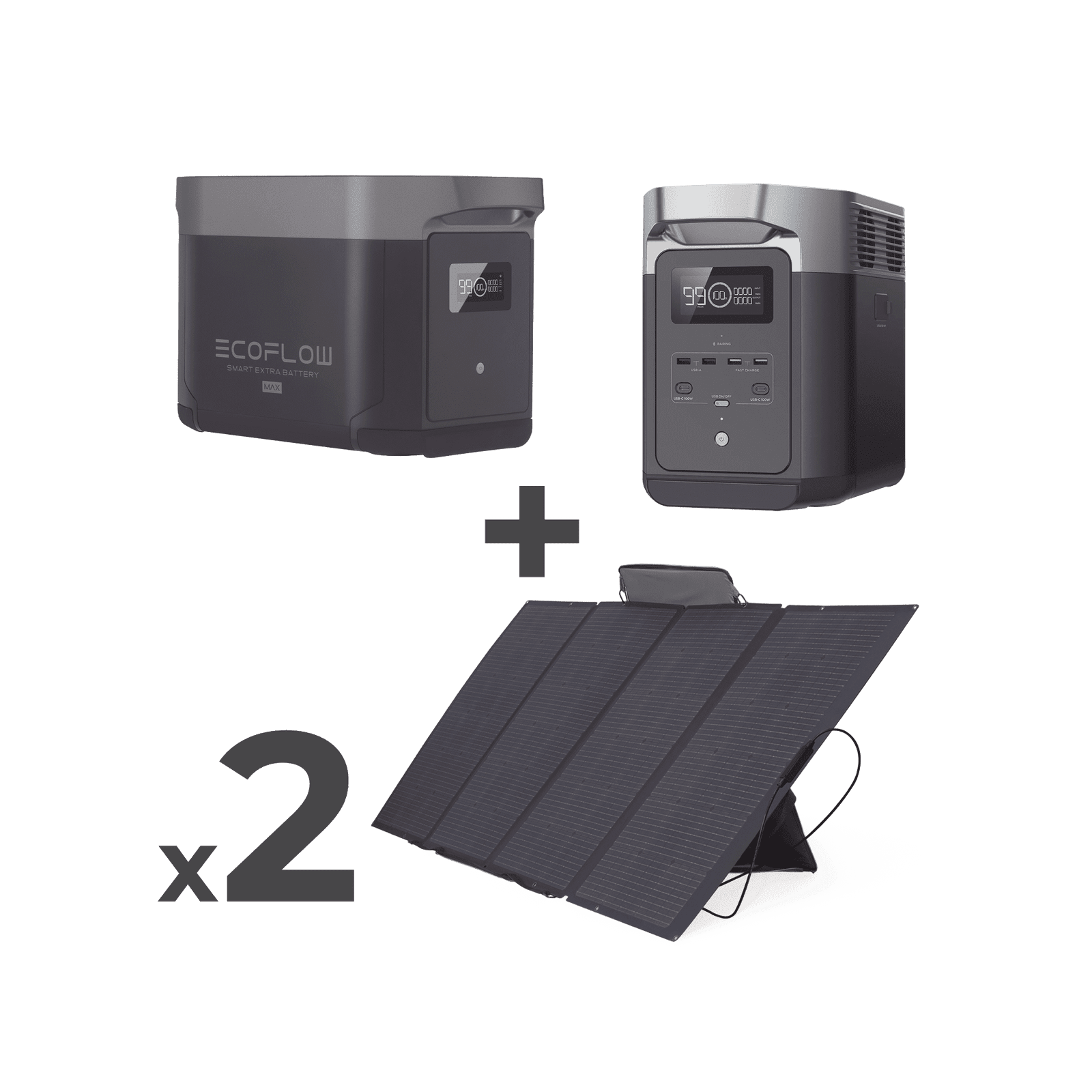 Kit de Estación de Energía Portátil 2048Wh + Batería Externa 2048Wh + 2 Paneles Solares Flexibles 400W (4096Wh, 800W Totales) DLT2MAX-KIT-BPLUS - ECOFLOW