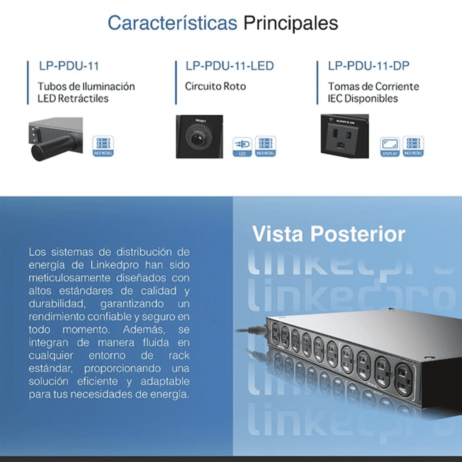 PDU para Distribución de Energía, Montaje en Rack, 11 salidas, Instalación Horizontal, de 19in, 1U, 15 Amp, 120 Vca, Con Indicador Led Y Display LP-PDU-11DP - LINKEDPRO BY EPCOM