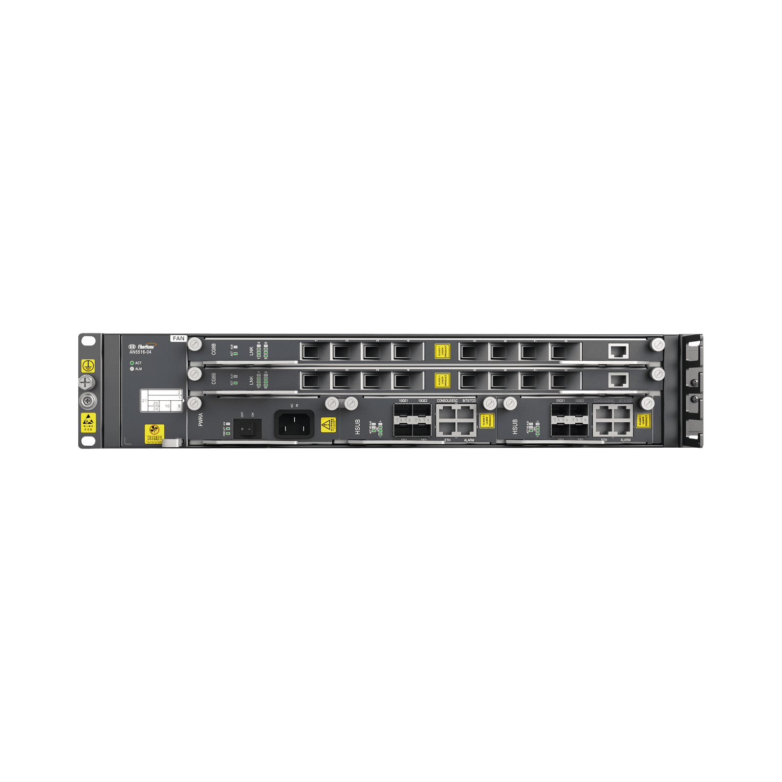 OLT Carrier Class Modular GPON, 2 Ranuras, Incluye 2 Tarjetas de Servicio de 16 puertos GPON, (32 Modulos GPON C+ Incluidos) 1 Fuente de CA, 2 UR AN5516-04-AC - FIBERHOME
