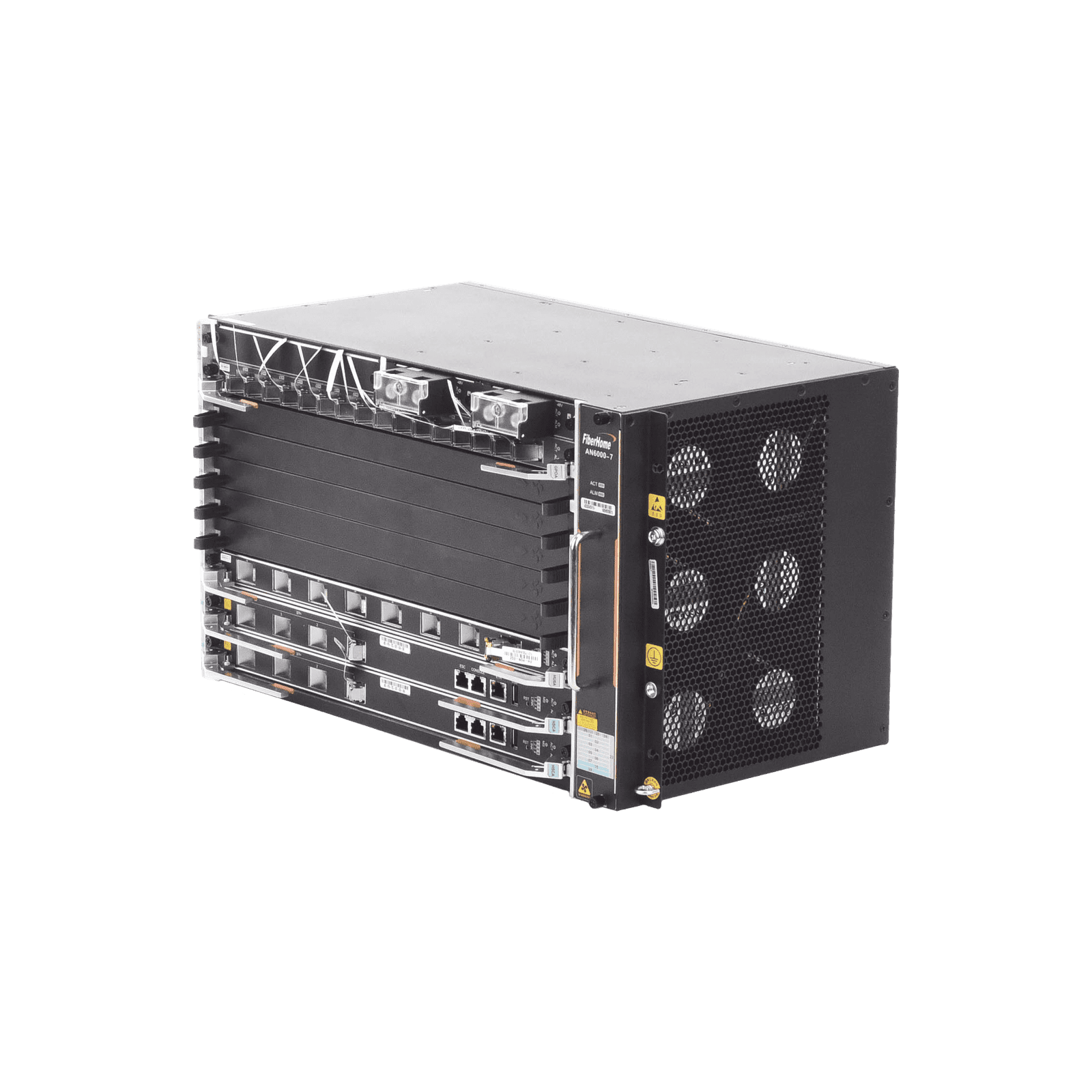 OLT Carrier Class Modular GPON, 6 Ranuras de Servicio, Incluye 1 Tarjeta de Servicio 16 puertos GPON, crecimiento hasta 96 puertos GPON, 6 UR, Gestión por UNM2000, CLI AN6000-7 - FIBERHOME