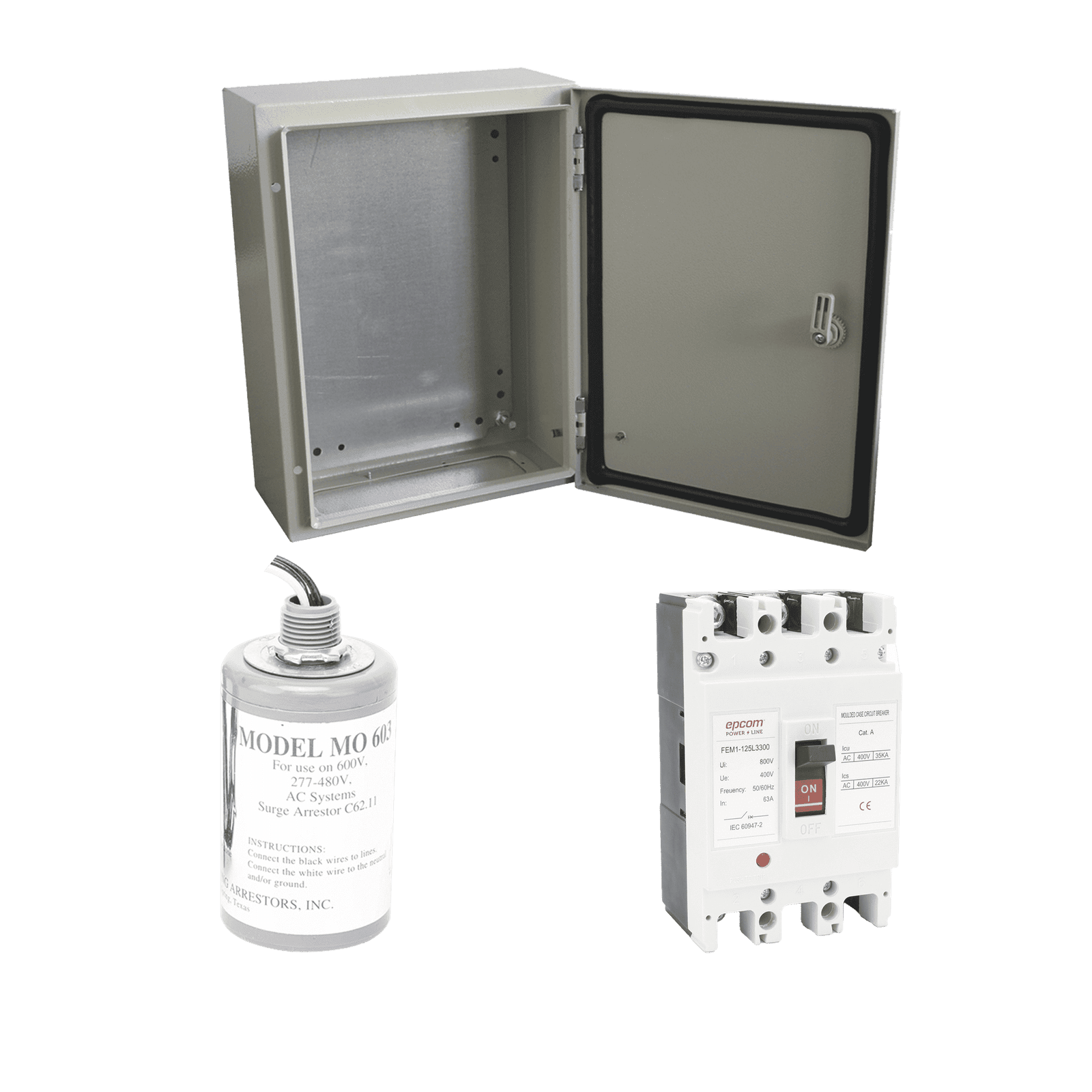 Kit de Centro de Carga Trifasico Para Corriente Alterna, Breaker de hasta 690 Vc de 63 A con Supresor de Descargas Atmosféricas. PL063ACA - EPCOM