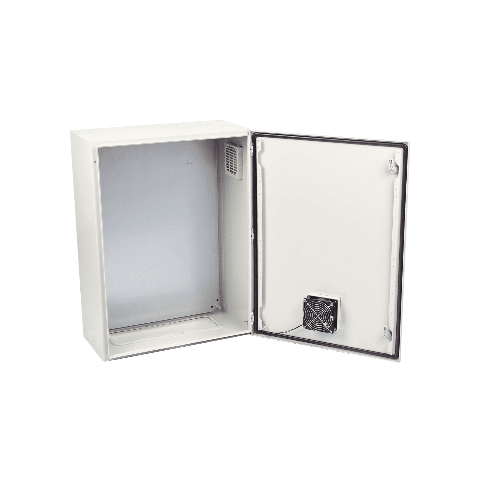 Gabinete Ventilado de Acero IP55 Uso en Exterior (500 x 700 x 250 mm) con Placa Trasera Interior Metálica y Compuerta Inferior Atornillable. Incluye Ventilador, Ventilas, filtros, Chapa y Llave. PST-5070-25AV - PRECISION