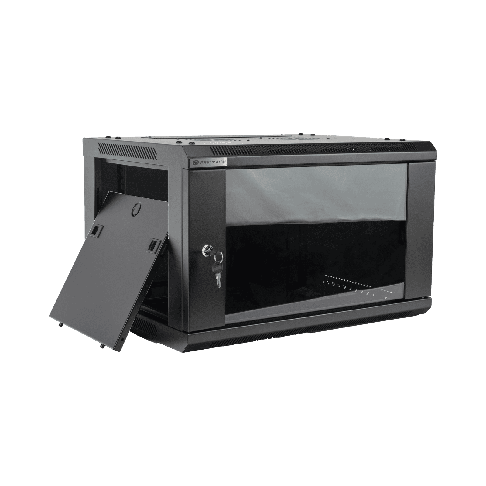 Gabinete PRECISION, Con Puerta de Cristal, de 19in, 6UR, 430mm de Profundidad, Color Negro PSTC-06-645-BDG - PRECISION