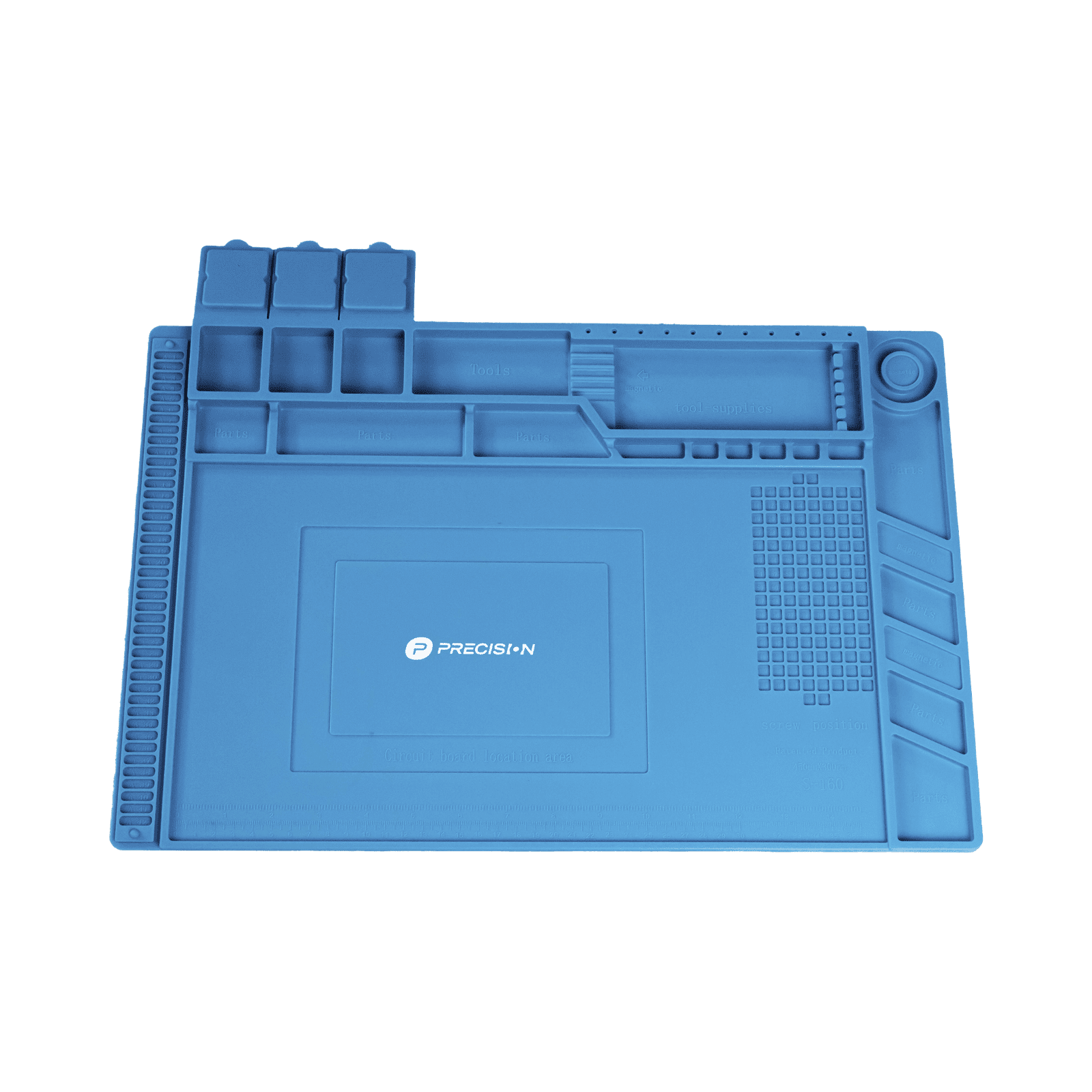 Tapete de silicona resistente al calor con areas magnéticas y de almacenamiento de componentes, ideal para la reparación de equipos y tarjetas electrónicas. PST-S03-001 - PRECISION