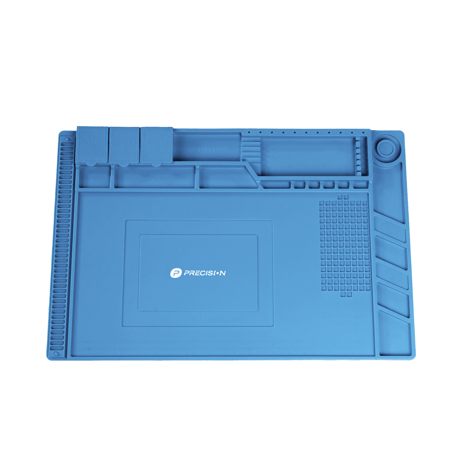Tapete de silicona resistente al calor con areas magnéticas y de almacenamiento de componentes, ideal para la reparación de equipos y tarjetas electrónicas. PST-S03-001 - PRECISION