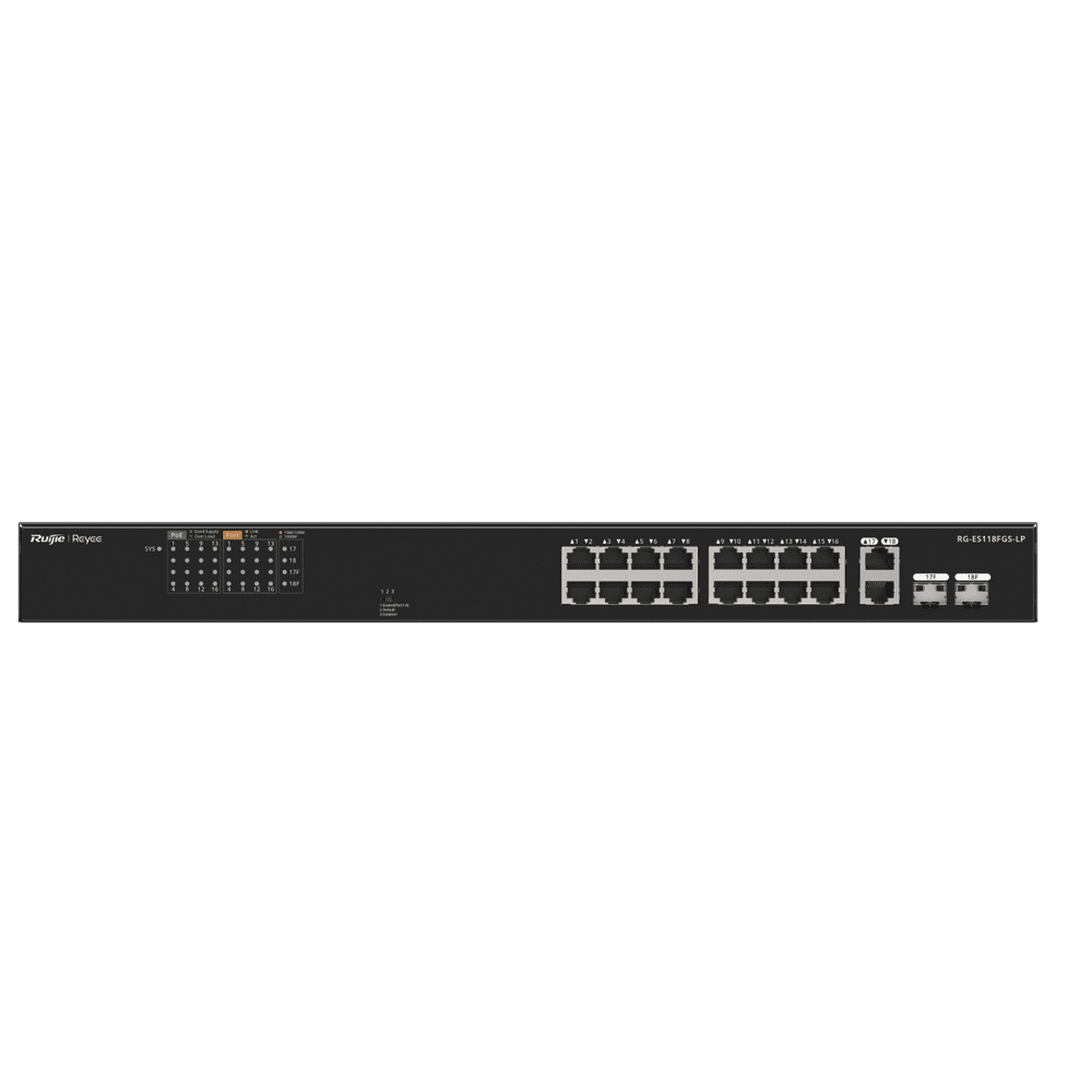 Switch PoE+ No Administrable Ideal para CCTV, 16 Puertos 10/100, 2 Uplinks Gigabit y 2 SFP, Carcasa Metálica RG-ES118FGS-LP - RUIJIE