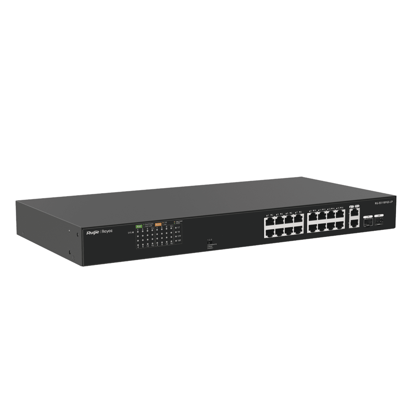 Switch PoE+ No Administrable Ideal para CCTV, 16 Puertos 10/100, 2 Uplinks Gigabit y 2 SFP, Carcasa Metálica RG-ES118FGS-LP - RUIJIE