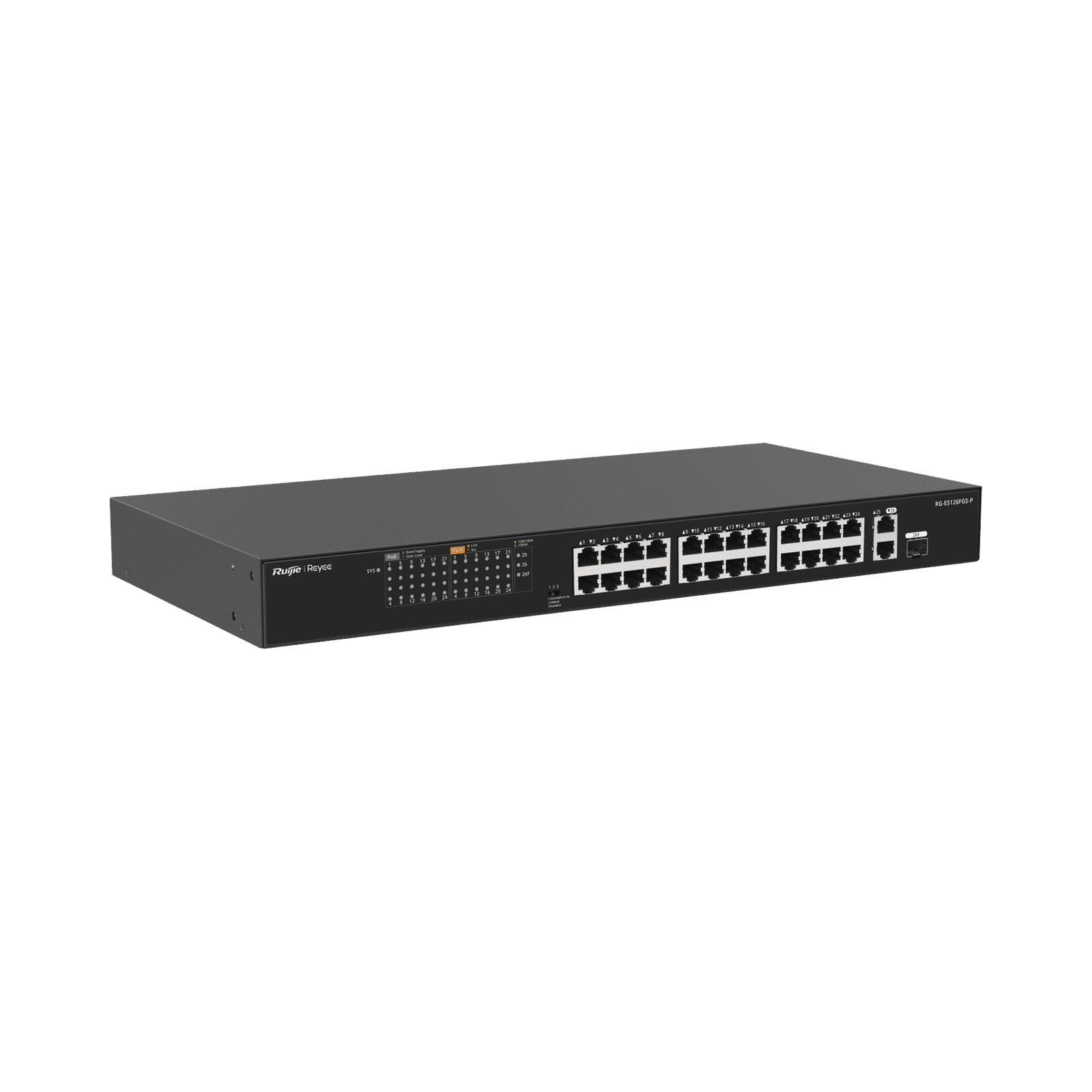 Switch PoE, no administrable de 2 puertos Gigabit y 24 puertos 10/100 Mbps, Monitoreable en la Nube RG-ES126FGS-P - RUIJIE