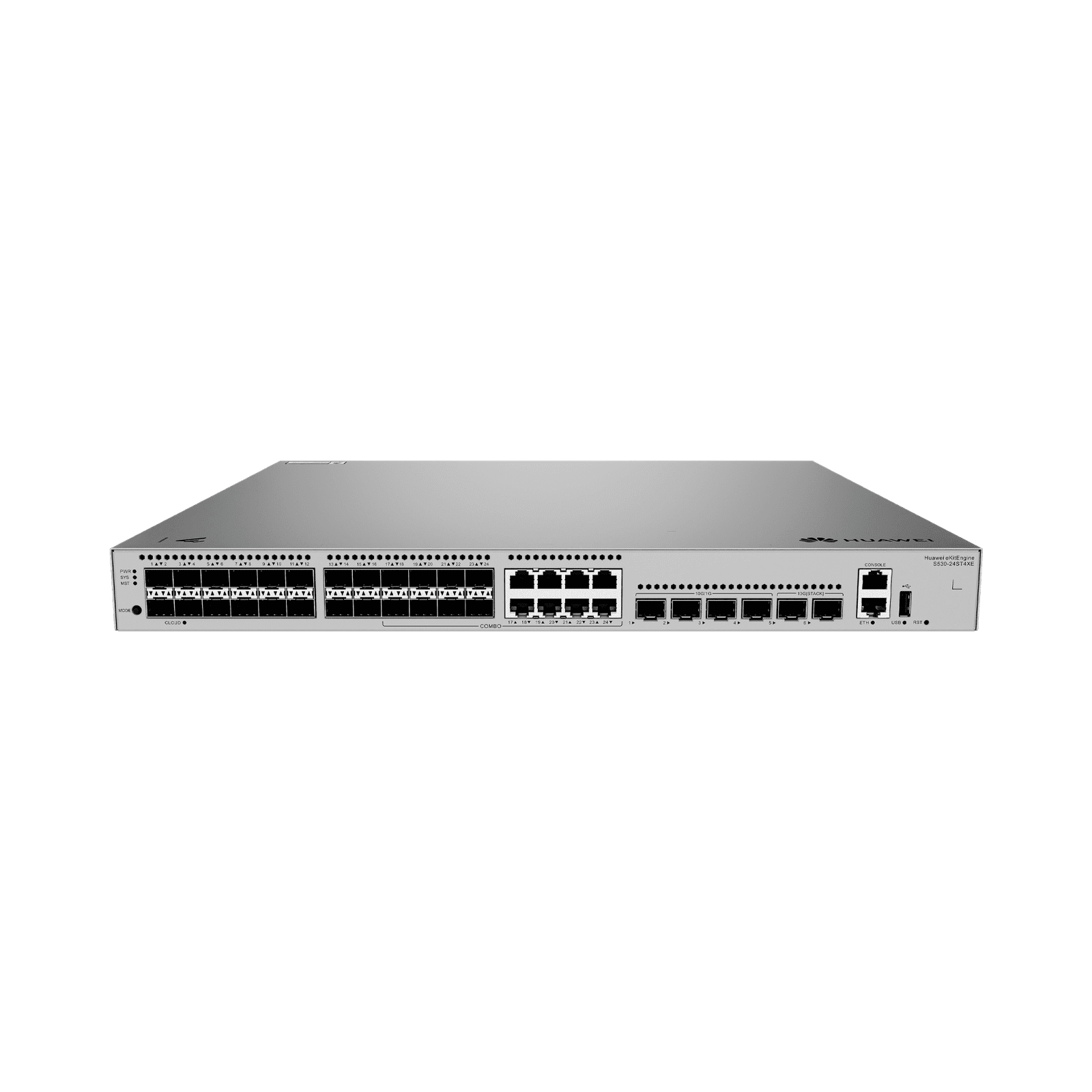 Switch Gigabit Administrable Capa 3 / 24 puertos SFP / 8 puertos 10/100/1000 Mbps (Combo) / 4 Puertos SFP+ / 2 Puertos SFP+ 12GE Stack / iStack /Administración Nube Gratis S530-24ST4XE - HUAWEI