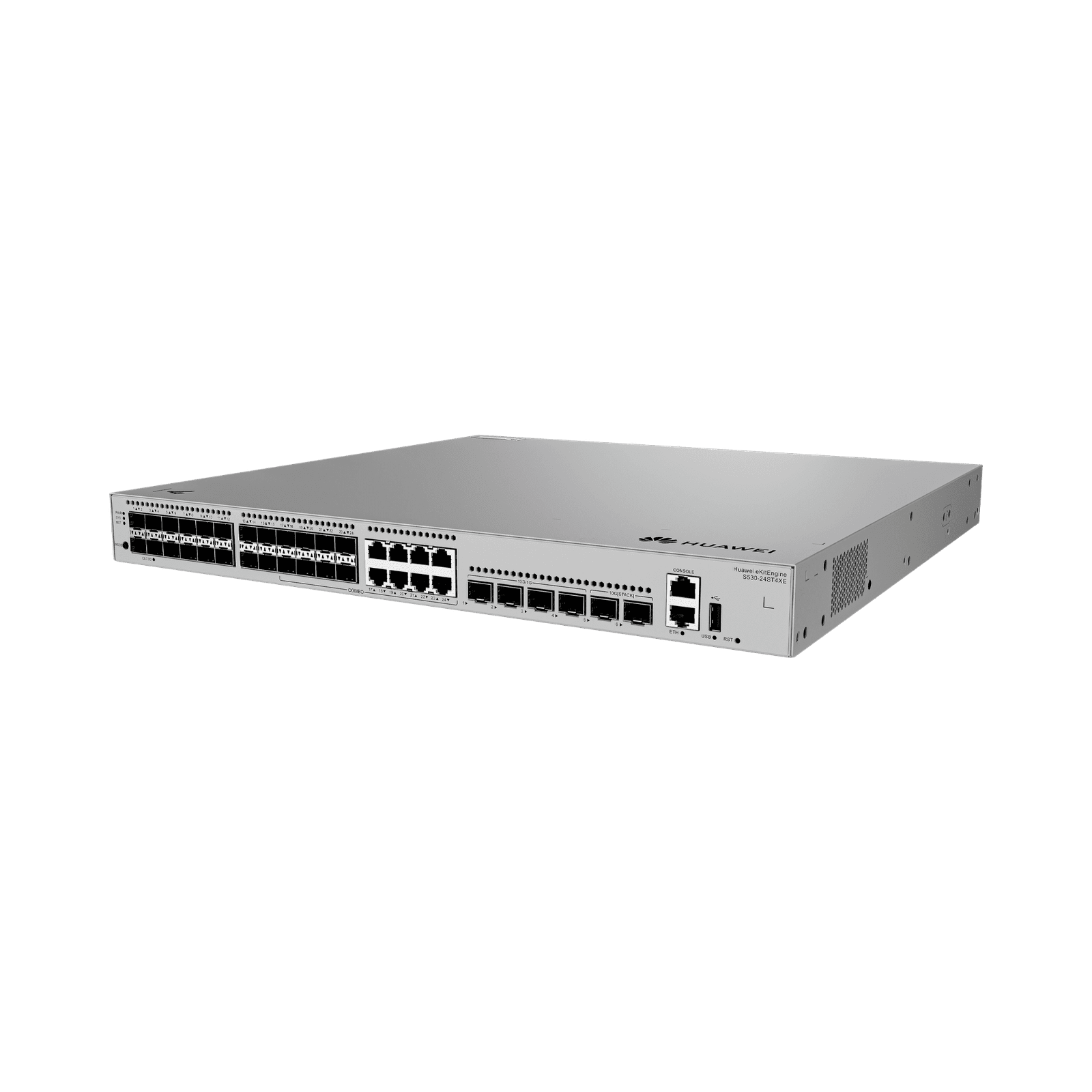 Switch Gigabit Administrable Capa 3 / 24 puertos SFP / 8 puertos 10/100/1000 Mbps (Combo) / 4 Puertos SFP+ / 2 Puertos SFP+ 12GE Stack / iStack /Administración Nube Gratis S530-24ST4XE - HUAWEI
