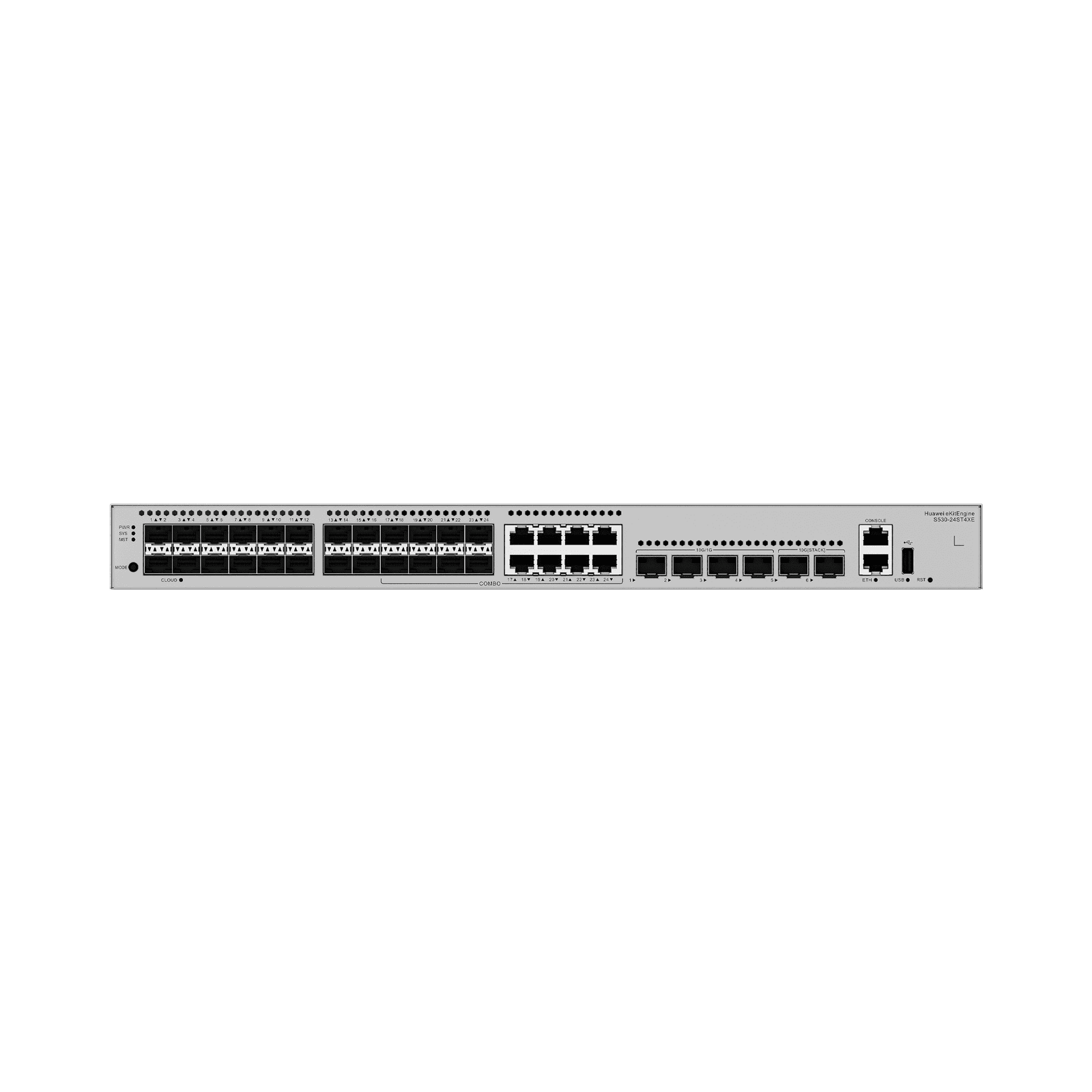 Switch Gigabit Administrable Capa 3 / 24 puertos SFP / 8 puertos 10/100/1000 Mbps (Combo) / 4 Puertos SFP+ / 2 Puertos SFP+ 12GE Stack / iStack /Administración Nube Gratis S530-24ST4XE - HUAWEI