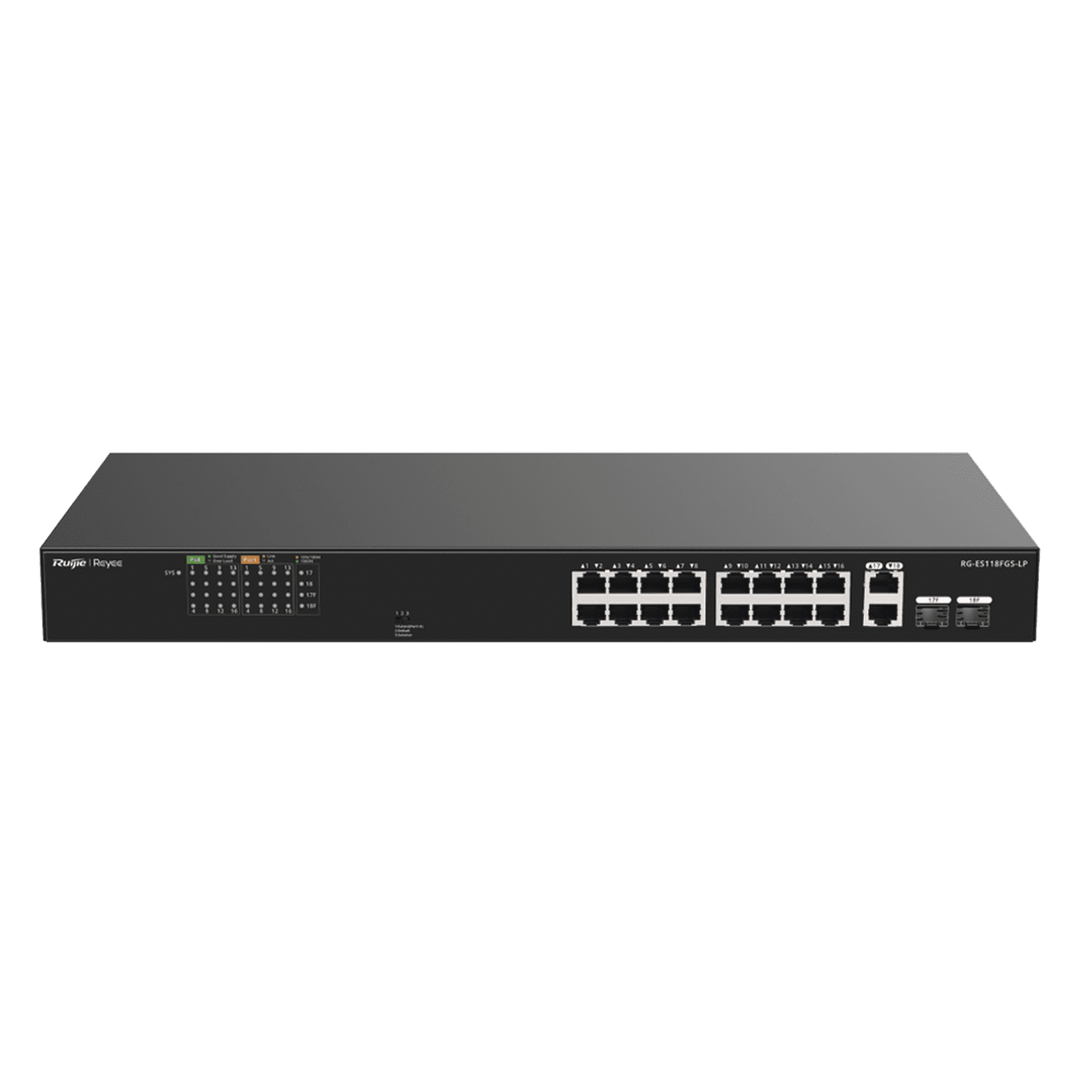 Switch PoE+ No Administrable Ideal para CCTV, 16 Puertos 10/100, 2 Uplinks Gigabit y 2 SFP, Carcasa Metálica RG-ES118FGS-LP - RUIJIE