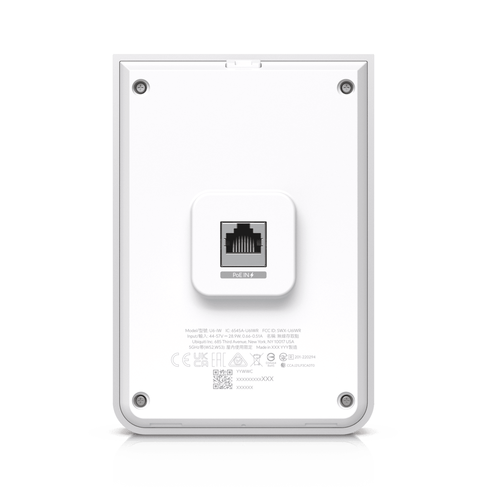Access Point UniFi U6 In Wall/Montaje p/pared, WIFI 6 2.4 Y 5 Ghz, hasta 5.3 Gbps, 1 pto PoE In, 4 ptos secundarios (1 PoE Out) U6-IW - UBIQUITI NETWORKS