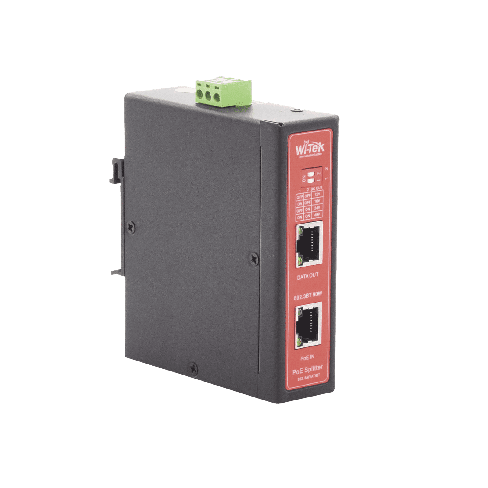 Splitter PoE IN hasta 90 W / Salida DC 12v/16V/24v o 48V / Carcasa metálica / Industrial soporte para riel DIN / Aplicaciones CCTV WIPOE55SBTIDC 210236 - WI-TEK