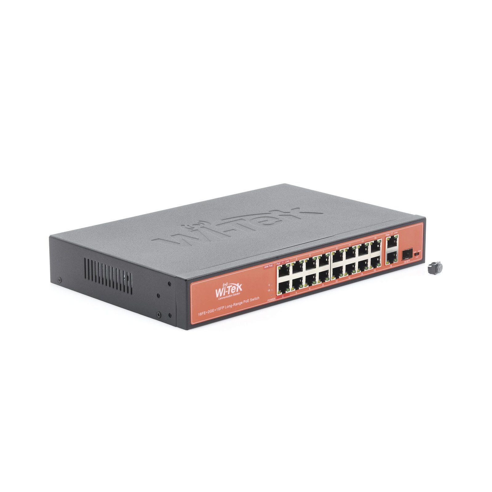 Switch PoE (802.3af/at/bt) / No administrable de largo alcance / Hasta 250m / 16 x 10/100Mbps (PoE) + 2 x 100/1000Mbps + 1 x SFP / 200 W WI-PS518G 170794 - WI-TEK