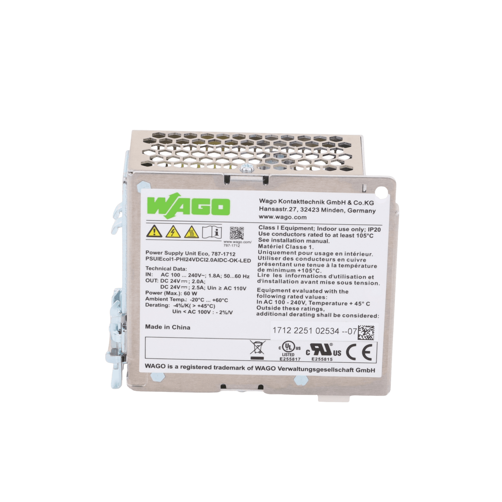 Fuente de alimentación con sincronización primaria; ECO; monofásico; Tensión de salida 24V DC; Corriente de salida 2,5A; DC-OK LED 787-1712 - WAGO