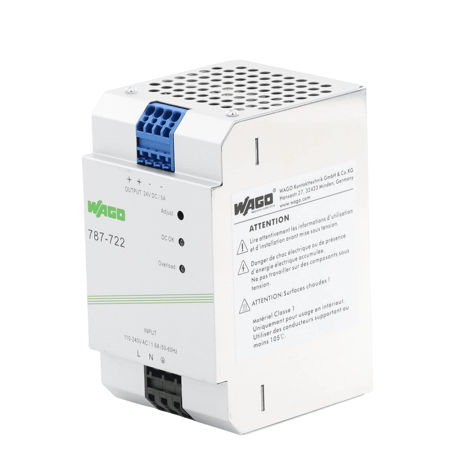 Fuente de alimentación; ECO; monofásico; Tensión de salida 24V DC; Corriente de salida 5A; DC-OK LED; 4,00 mm² 787-722 - WAGO