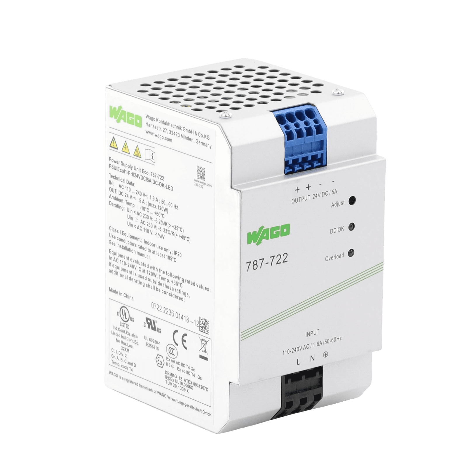 Fuente de alimentación; ECO; monofásico; Tensión de salida 24V DC; Corriente de salida 5A; DC-OK LED; 4,00 mm² 787-722 - WAGO