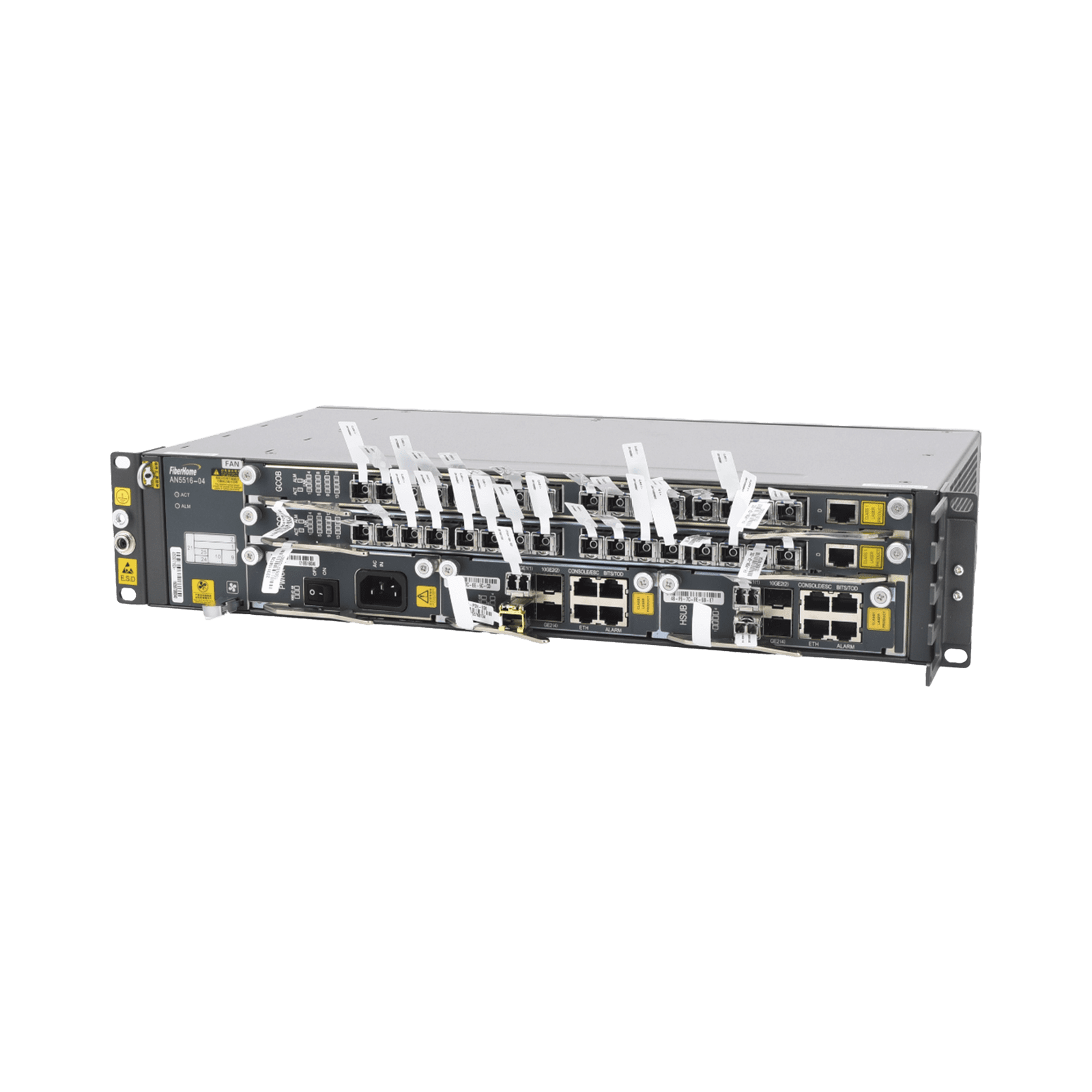 OLT Carrier Class Modular GPON, 2 Ranuras, Incluye 2 Tarjetas de Servicio de 16 puertos GPON, (32 Modulos GPON C+ Incluidos) 1 Fuente de CA, 2 UR AN5516-04-AC - FIBERHOME