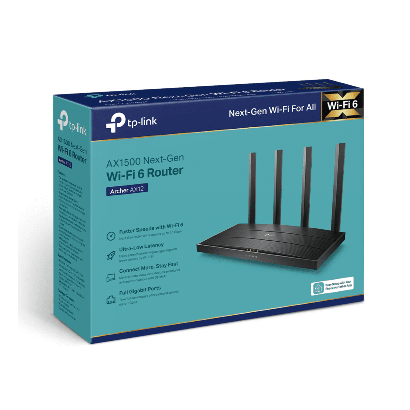 Router WiFi 6 AX 1500Mbps / MU-MIMO 2X2 y OFDMA / 1 Puerto WAN 10/100/1000 Mbps / 3 Puertos LAN 10/100/1000 Mbps / 4 Antenas / Conexión Inalámbrica OneMesh ARCHERAX12 - TP-LINK