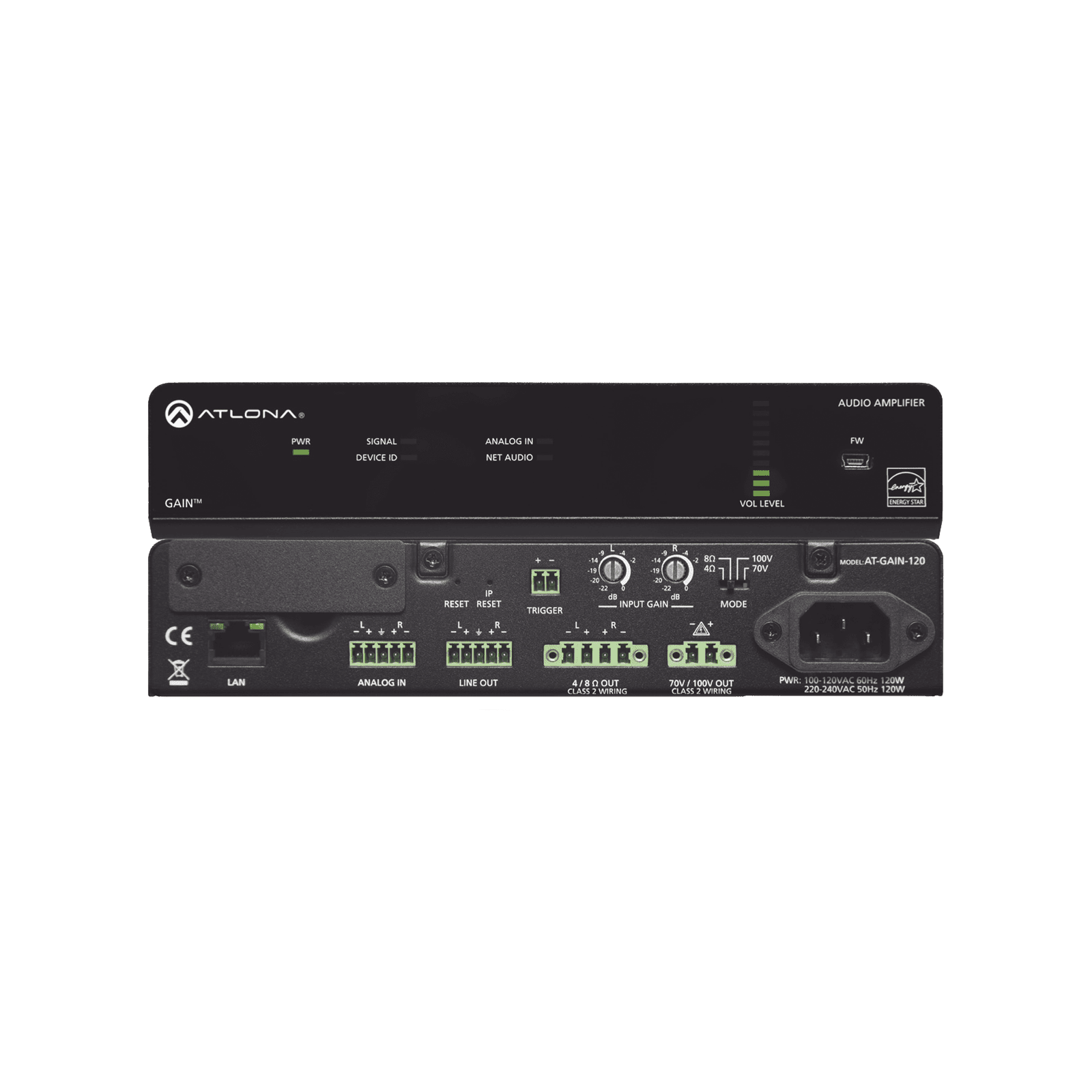 Amplificador de potencia estéreo / mono – 120 Watts / Eficiente clase D / Opcional AES67 (Interfaz de audio en red Dante) AT-GAIN-120 - ATLONA