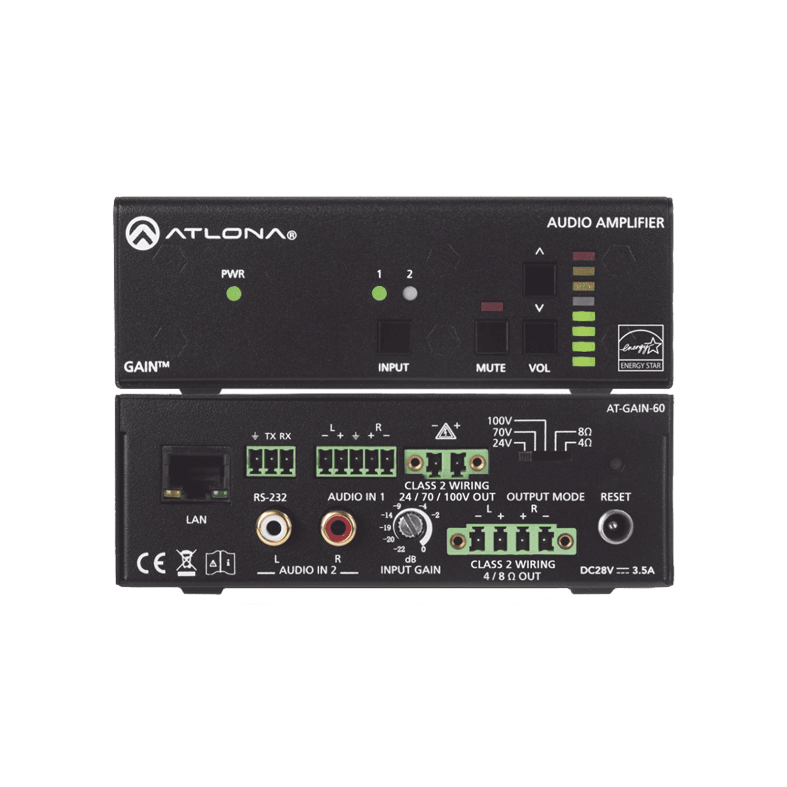 Amplificador de potencia estéreo / mono – 60 Watts / Eficiente clase D / Opcional AES67 (Interfaz de audio en red Dante) AT-GAIN-60 - ATLONA