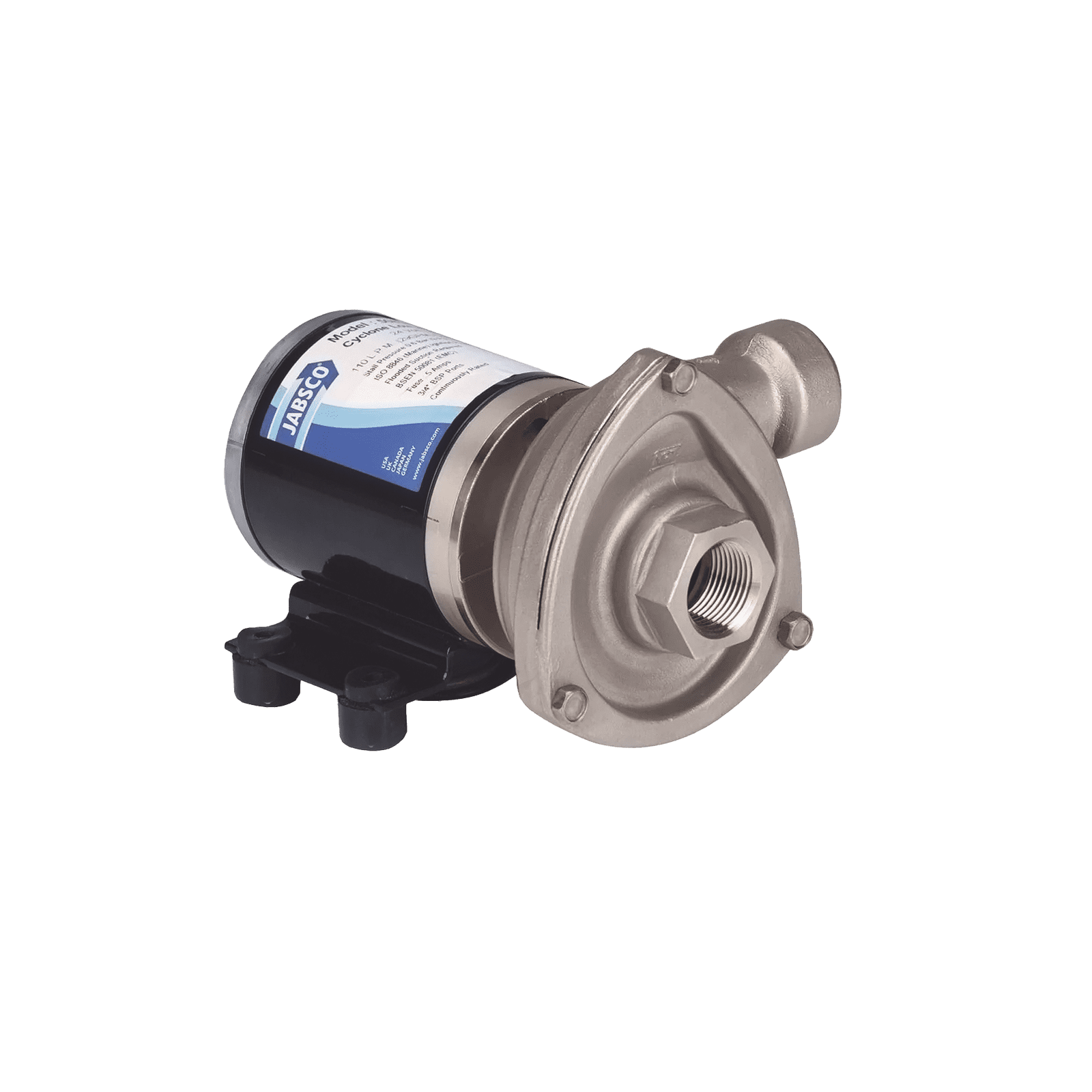 Bomba centrifuga Cyclone de baja presión a 12 Vcd, caudal de hasta 29 GPM, presión máxima de 8.7 psi, en acero inoxidable. 50840-0012 - JABSCO